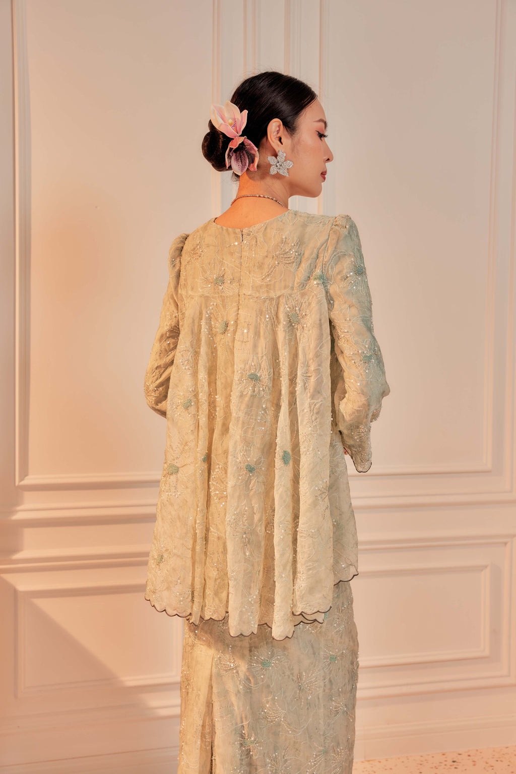 Sage Matcha - Nona Pearl Beaded Embellished Kurung (Fully Lined)