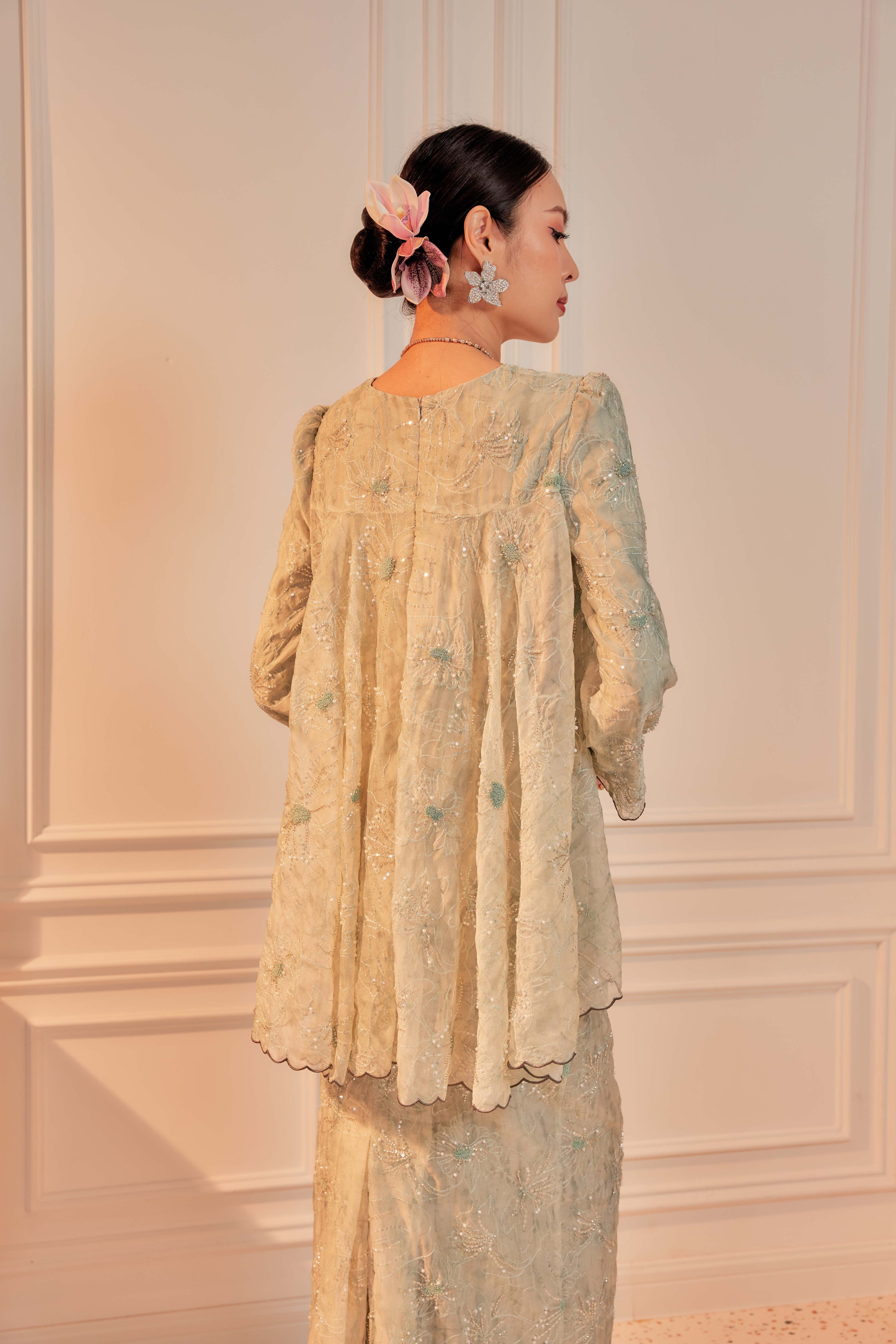 Sage Matcha - Nona Pearl Beaded Embellished Kurung (Fully Lined)