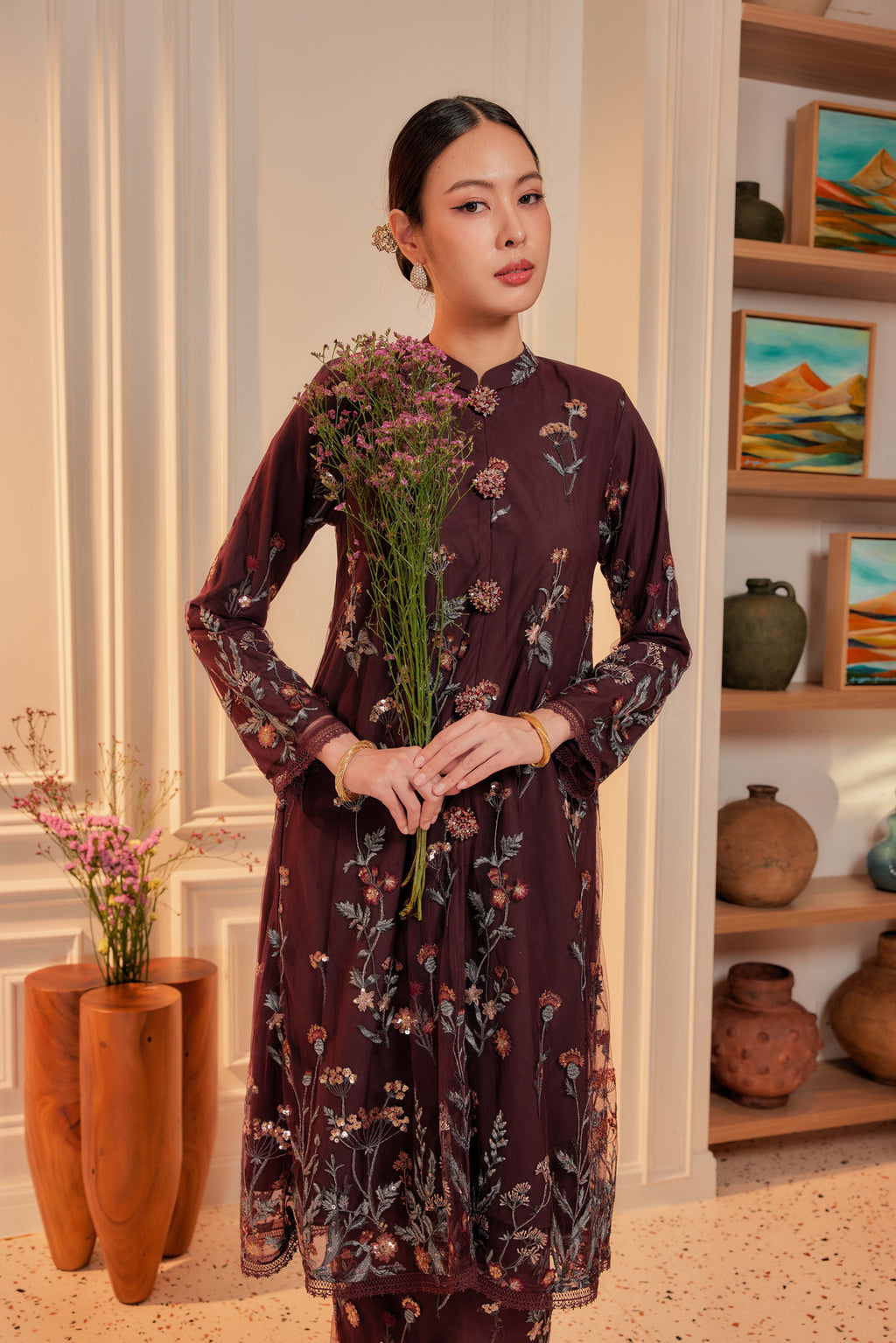 Dark Cherry Burgundy - Dian Embellished Kebarung with Embroidery Lace Trim (Full Lining)