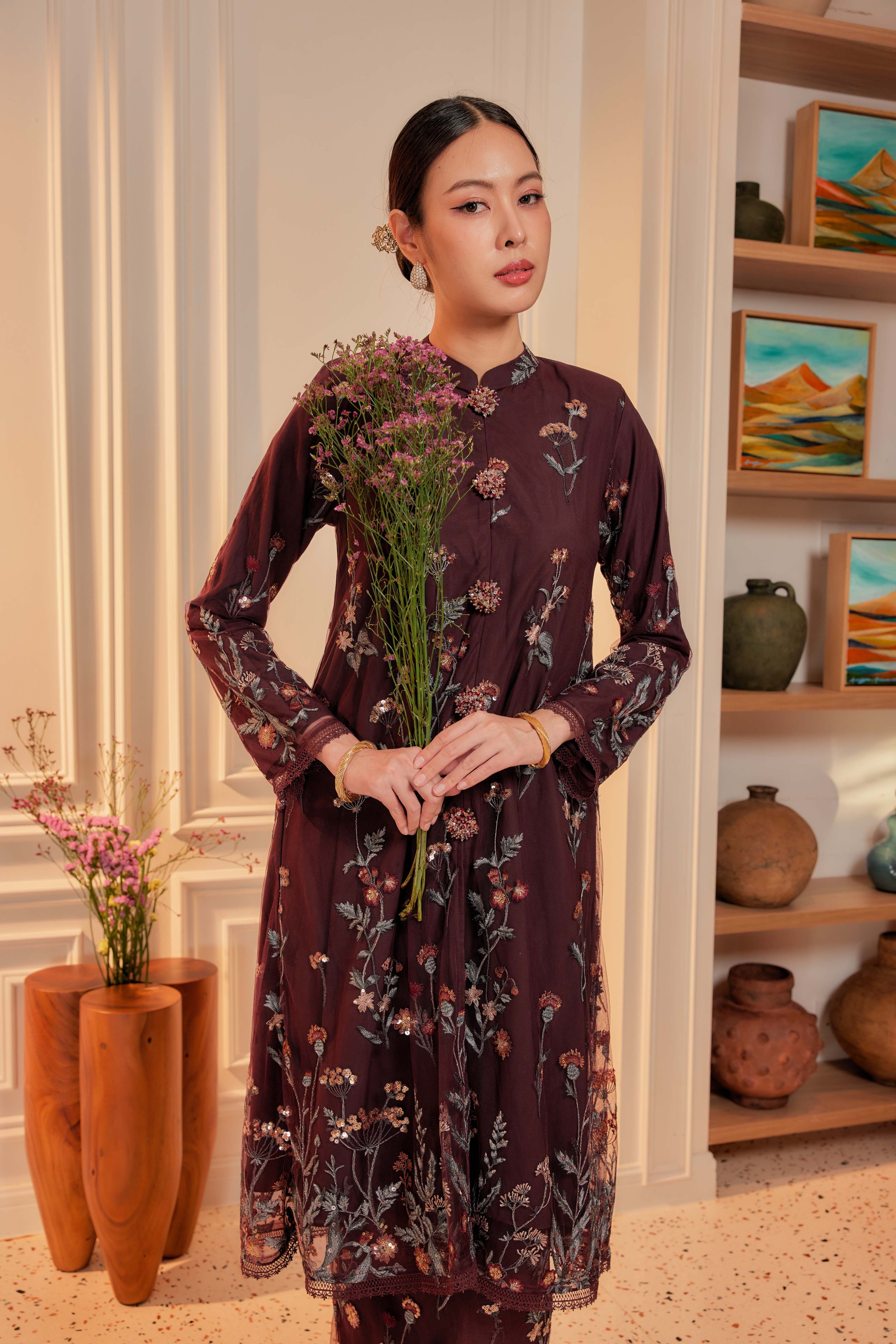 Dark Cherry Burgundy - Dian Embellished Kebarung with Embroidery Lace Trim (Full Lining)