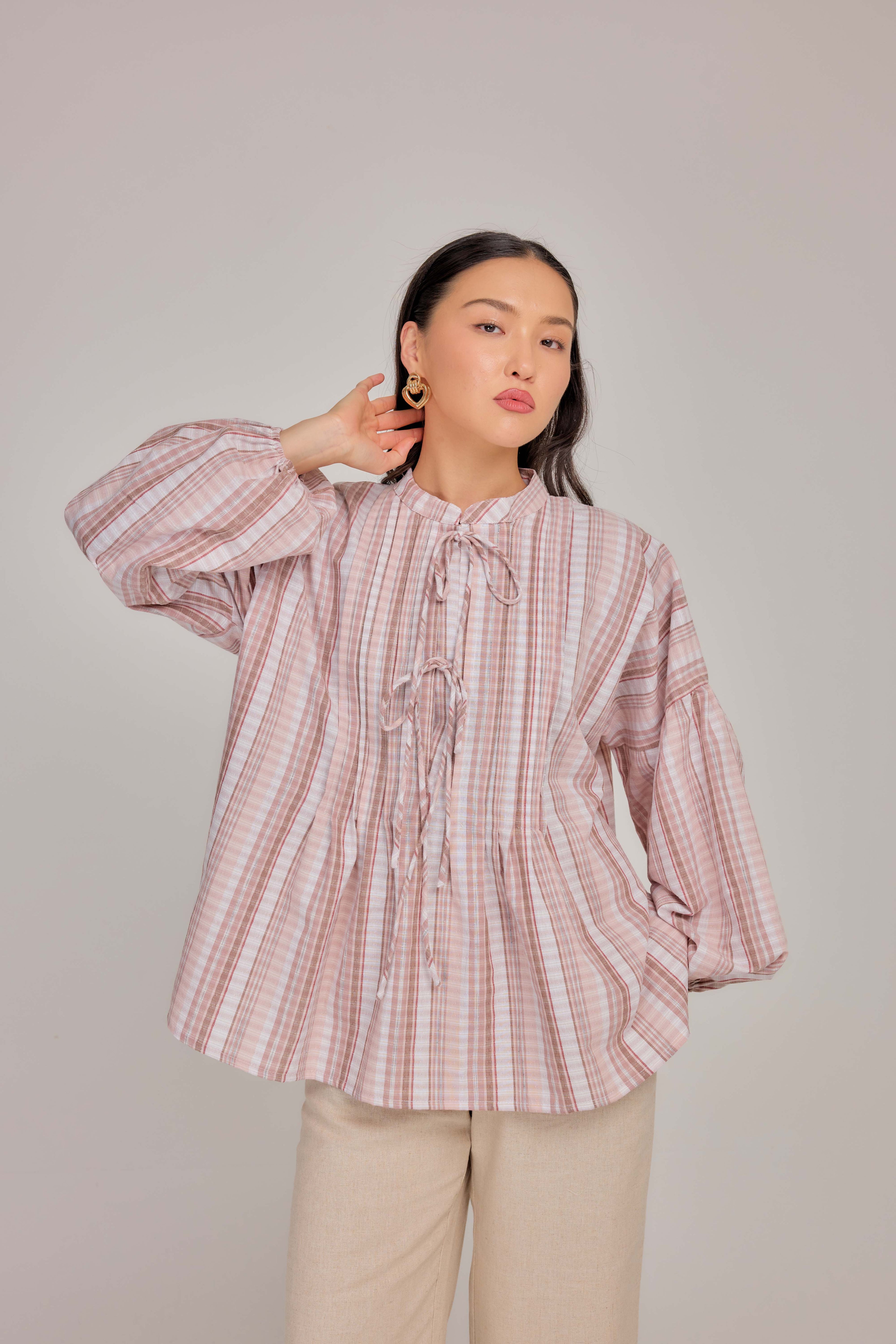 07 - Soft Peony -  Pleated Relaxed Fit Cotton Tie Front Blouse