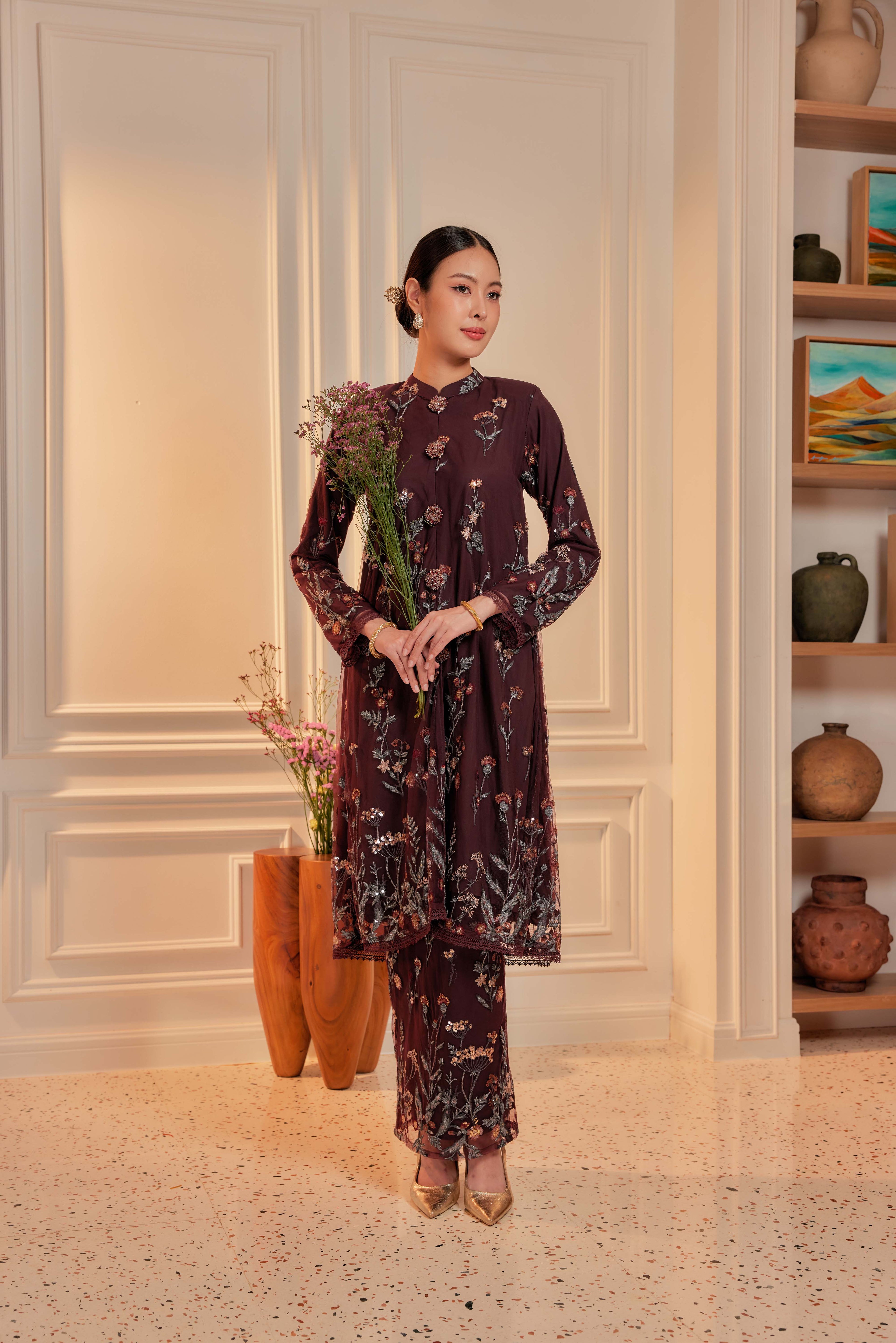 Dark Cherry Burgundy - Dian Embellished Kebarung with Embroidery Lace Trim  [PREORDER MID FEB]