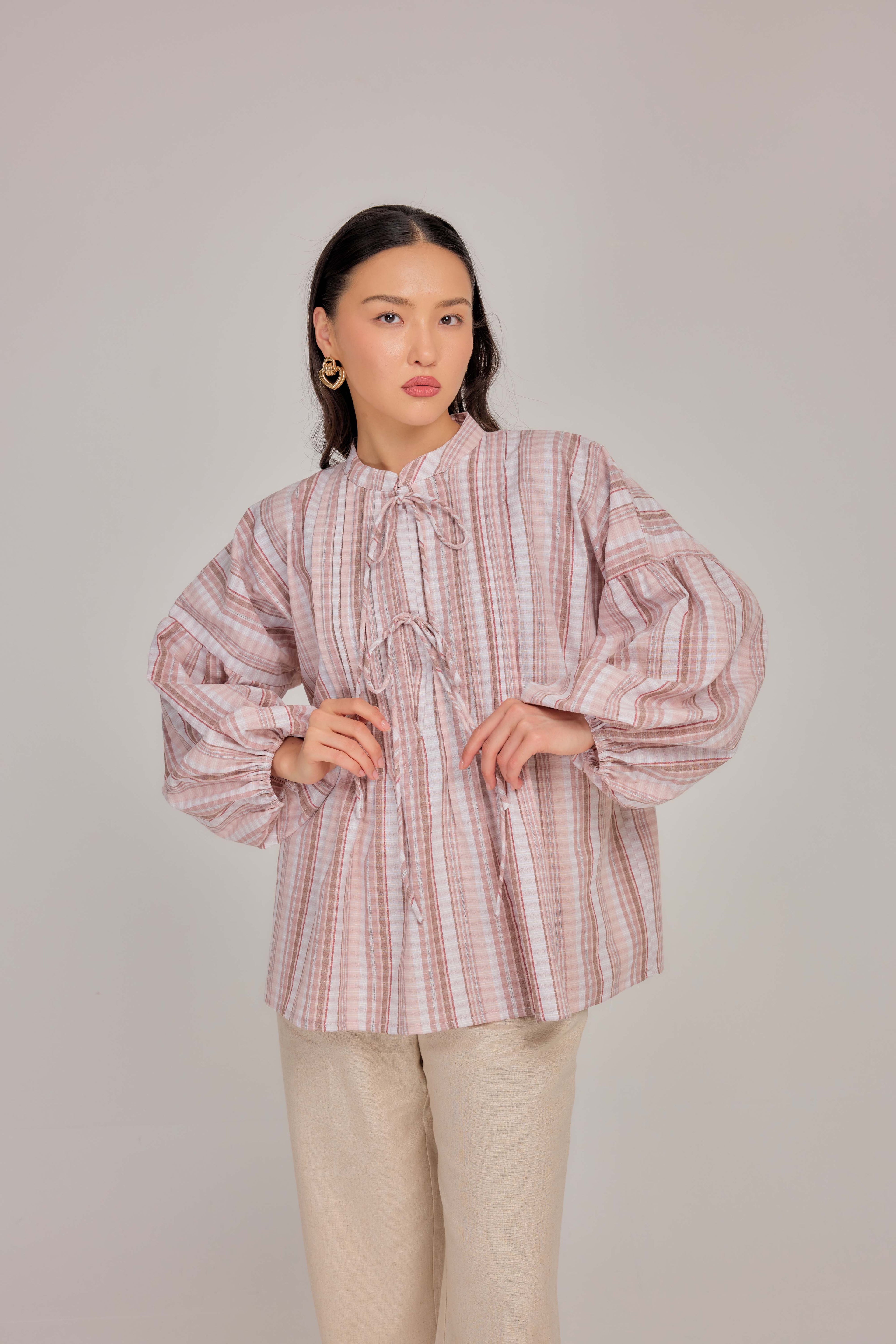 07 - Soft Peony -  Pleated Relaxed Fit Cotton Tie Front Blouse