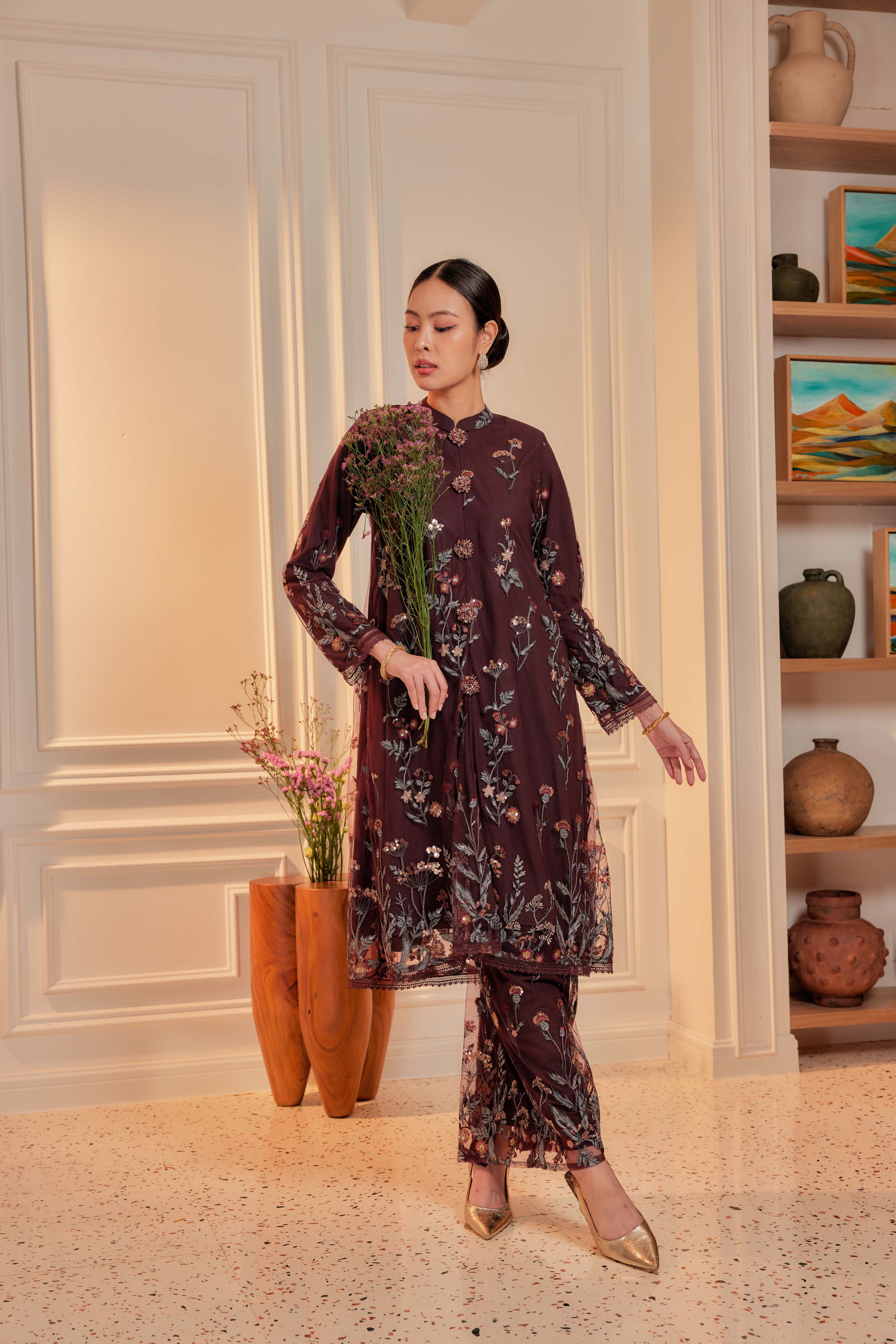 Dark Cherry Burgundy - Dian Embellished Kebarung with Embroidery Lace Trim (Full Lining)