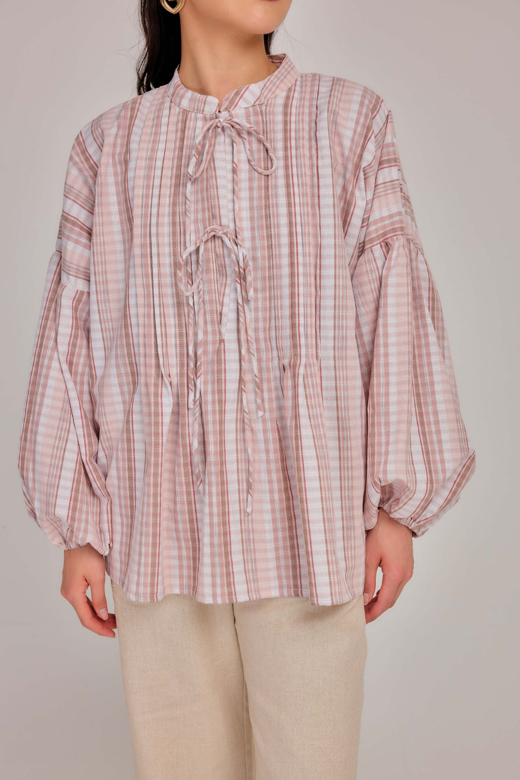 07 - Soft Peony -  Pleated Relaxed Fit Cotton Tie Front Blouse