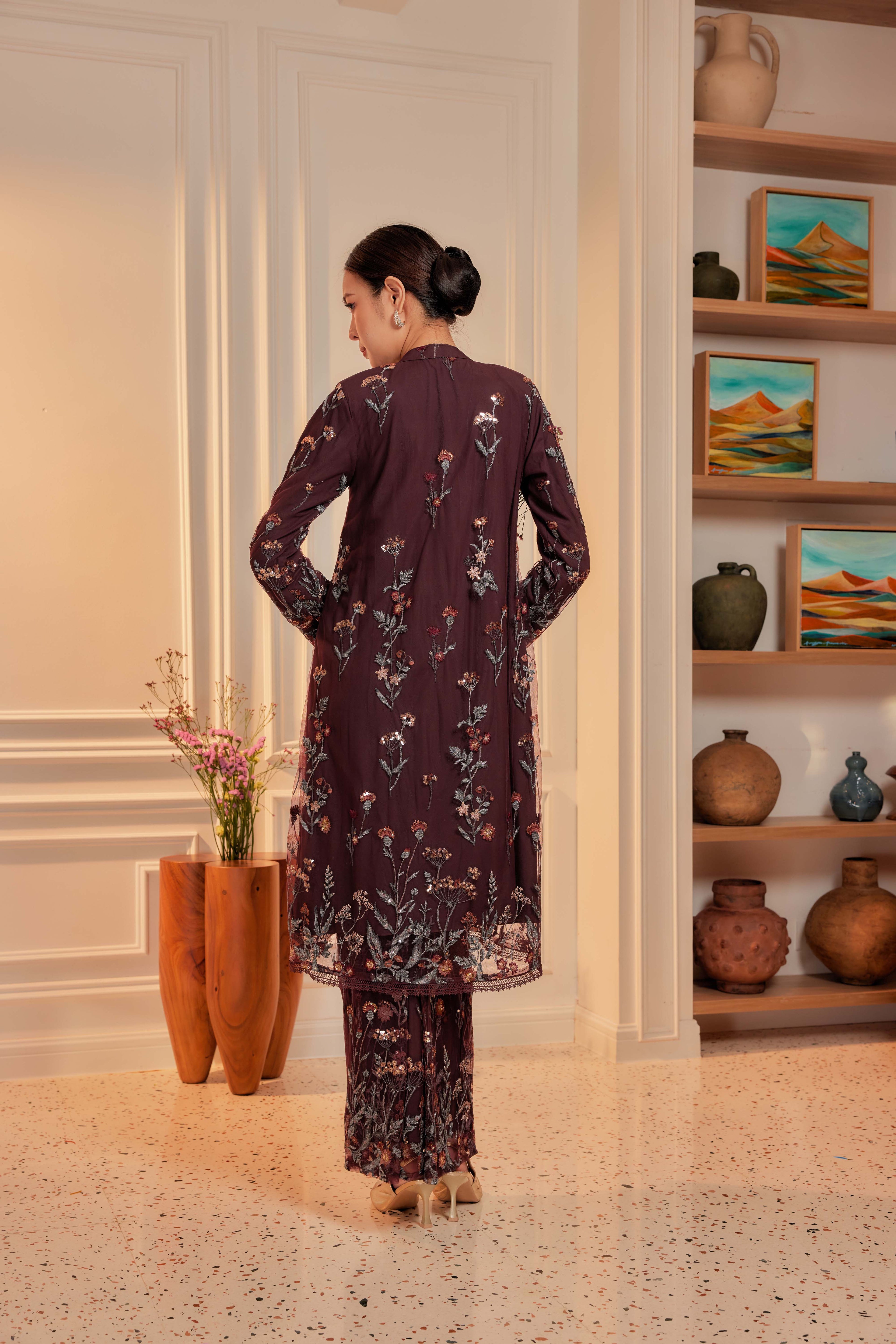 Dark Cherry Burgundy - Dian Embellished Kebarung with Embroidery Lace Trim  [PREORDER MID FEB]