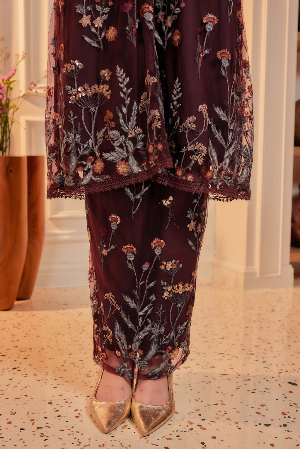 Dark Cherry Burgundy - Dian Embellished Kebarung with Embroidery Lace Trim (Full Lining)