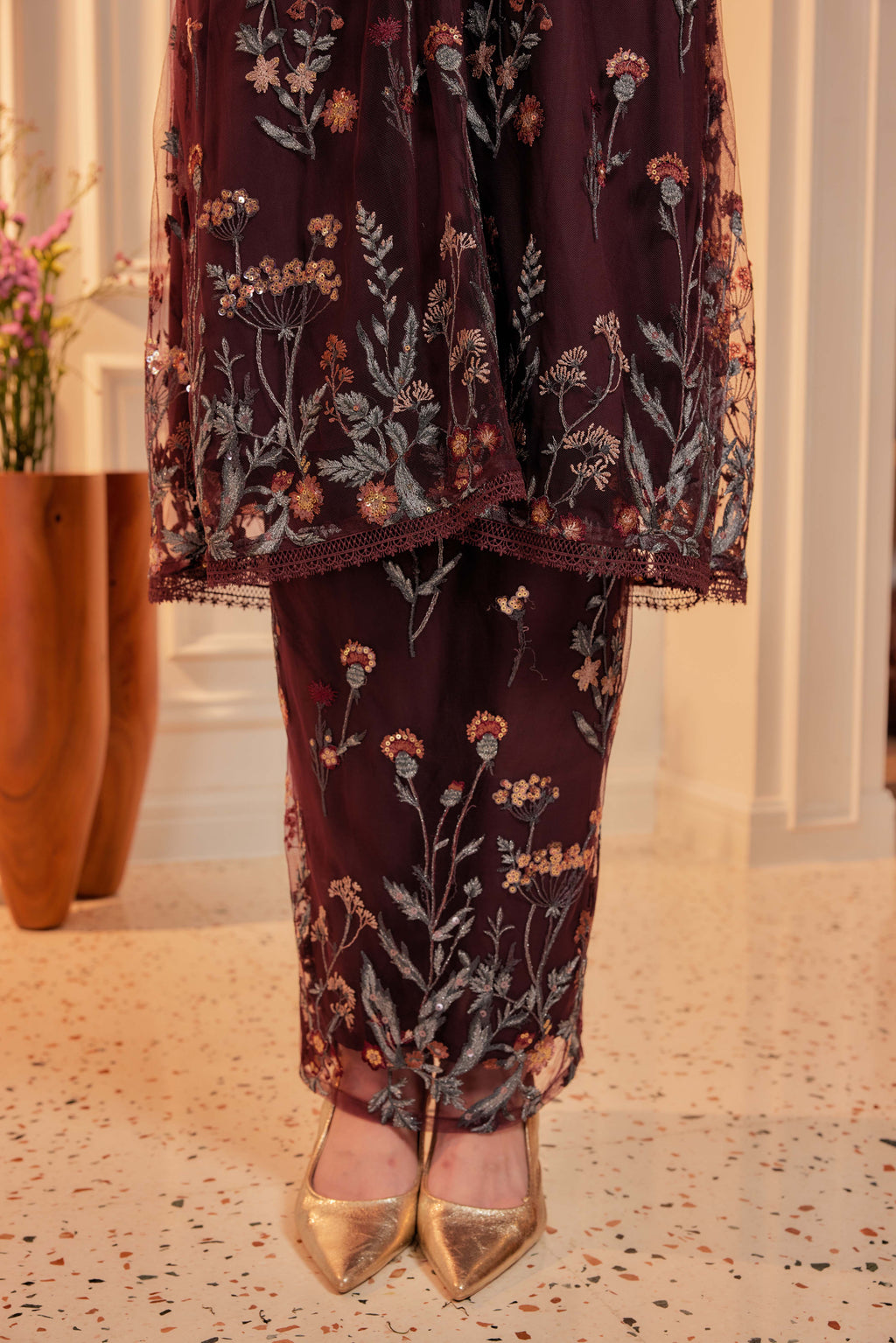 Dark Cherry Burgundy - Dian Embellished Kebarung with Embroidery Lace Trim (Full Lining)