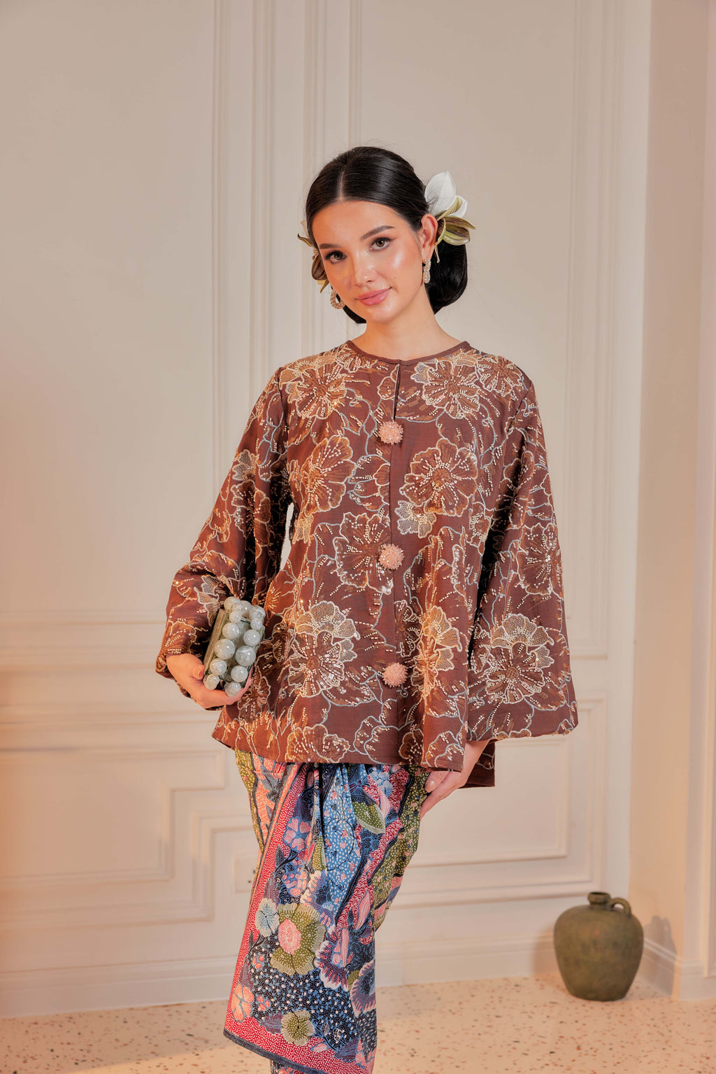 Mekar Full Beaded & Embroidered Top in Rich Brown