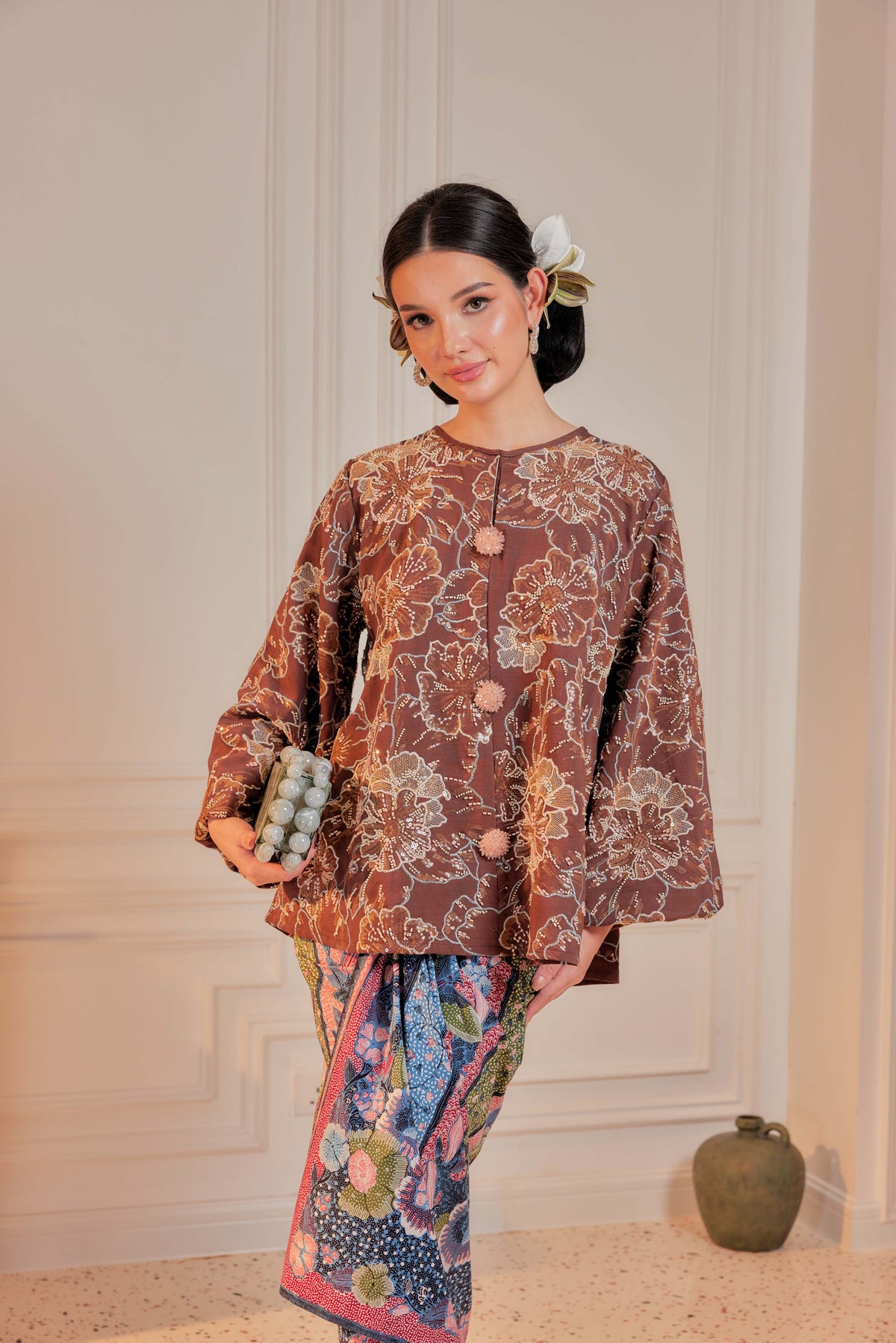 Mekar Full Beaded & Embroidered Top in Rich Brown