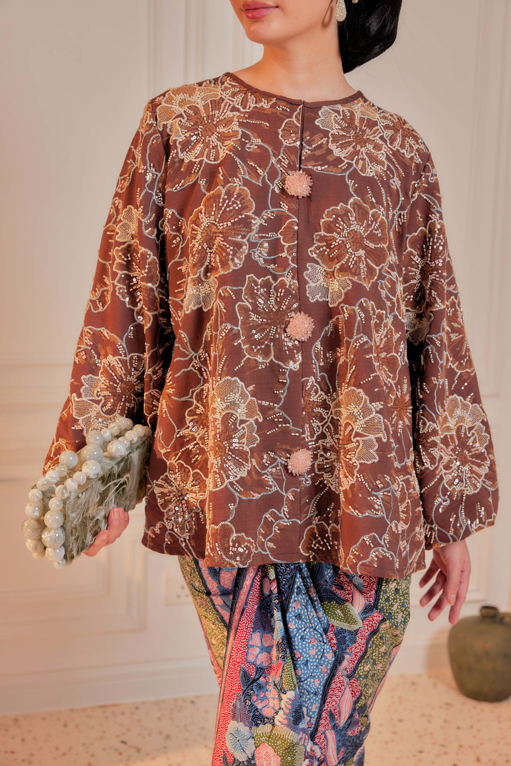 Mekar Full Beaded & Embroidered Top in Rich Brown