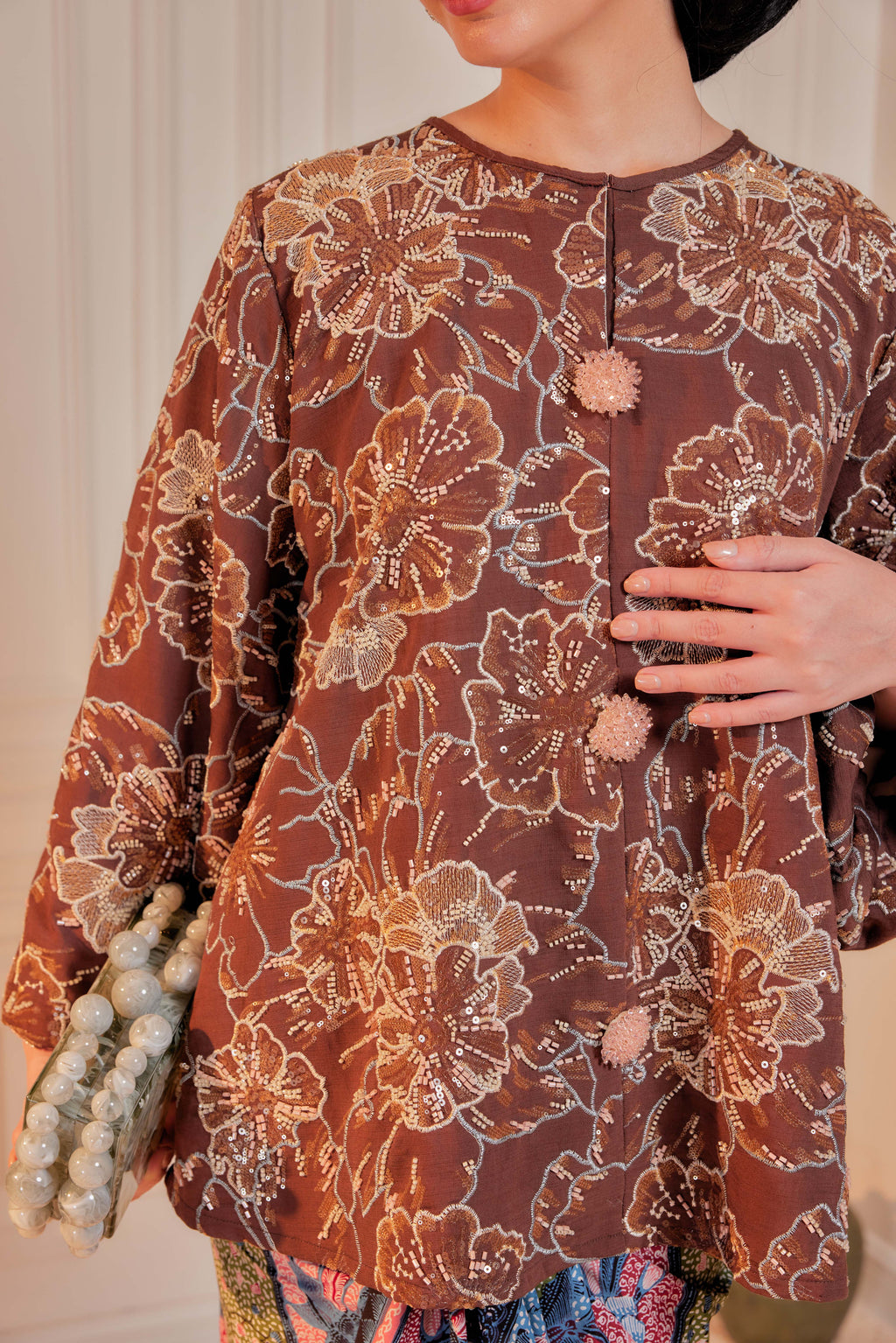 Mekar Full Beaded & Embroidered Top in Rich Brown