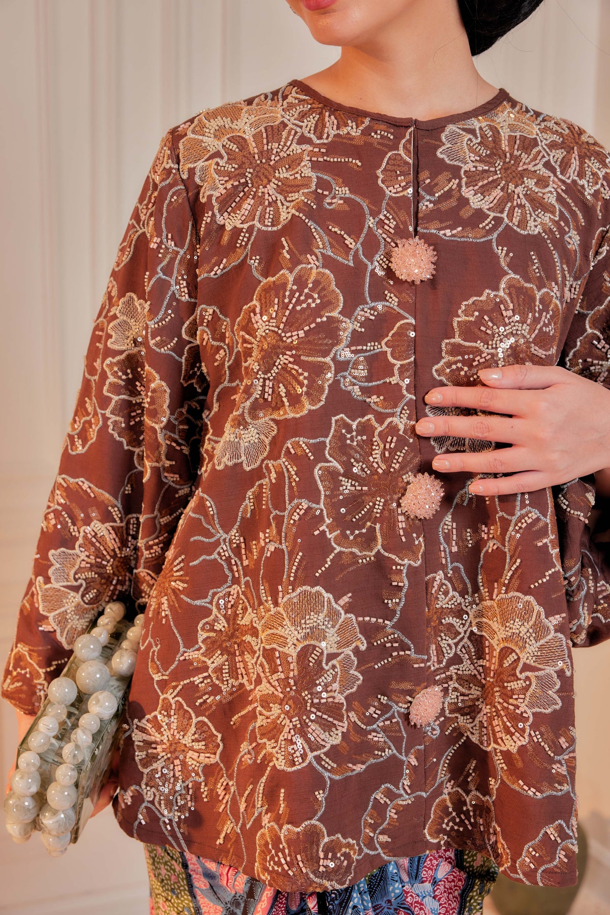 Mekar Full Beaded & Embroidered Top in Rich Brown