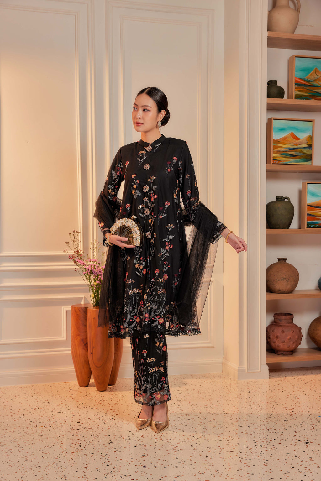 Imperial Black - Dian Embellished Kebarung with Embroidery Lace Trim (Full Lining)