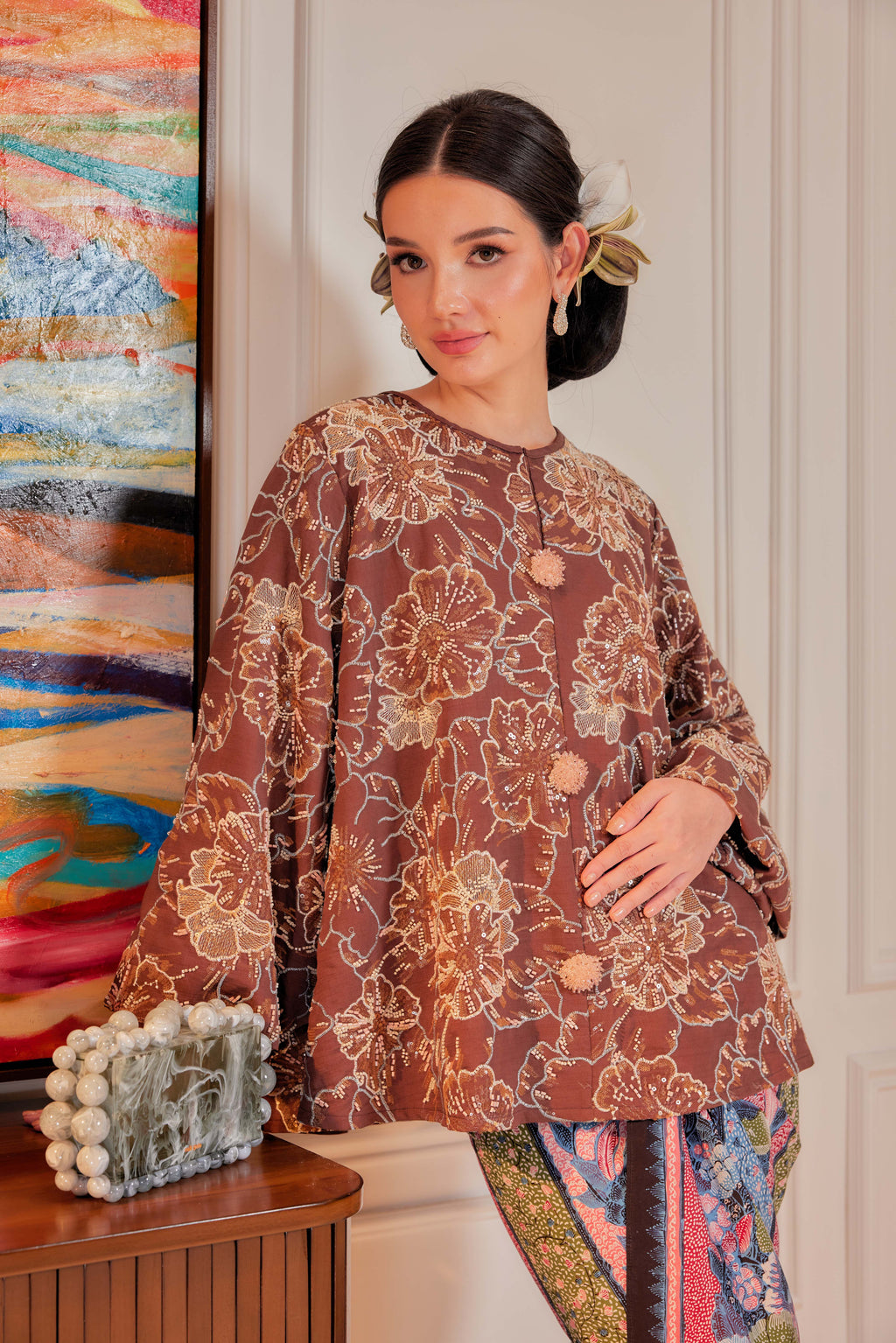 Mekar Full Beaded & Embroidered Top in Rich Brown