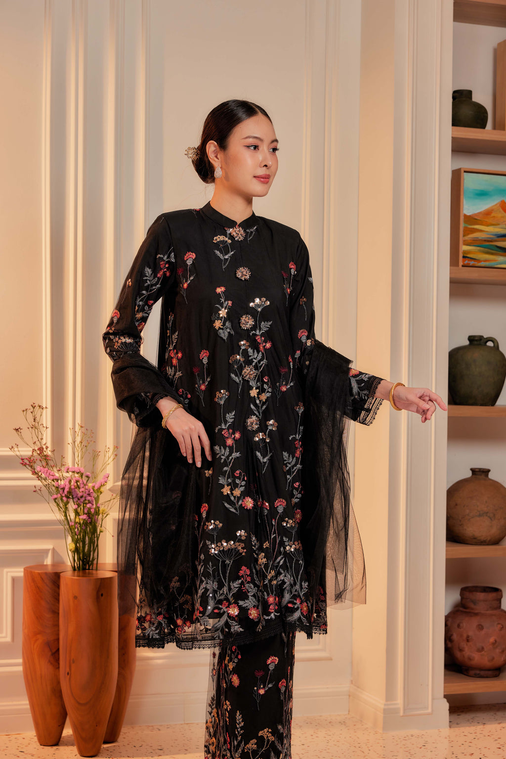 Imperial Black - Dian Embellished Kebarung with Embroidery Lace Trim (Full Lining)