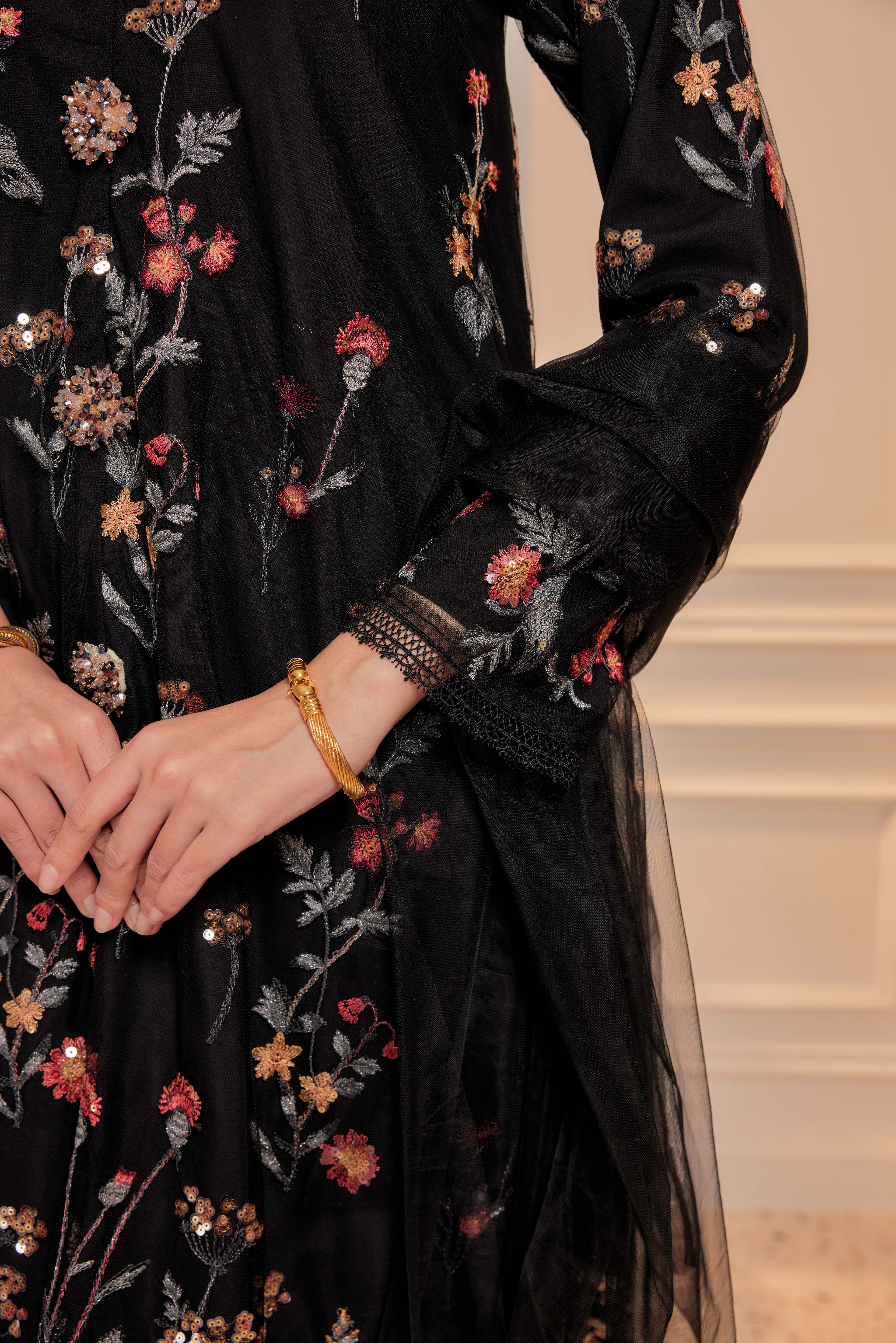 Imperial Black - Dian Embellished Kebarung with Embroidery Lace Trim (Full Lining)