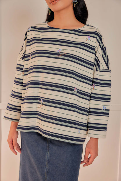 Striped Embroidered Cotton Relaxed Reversible Tee
