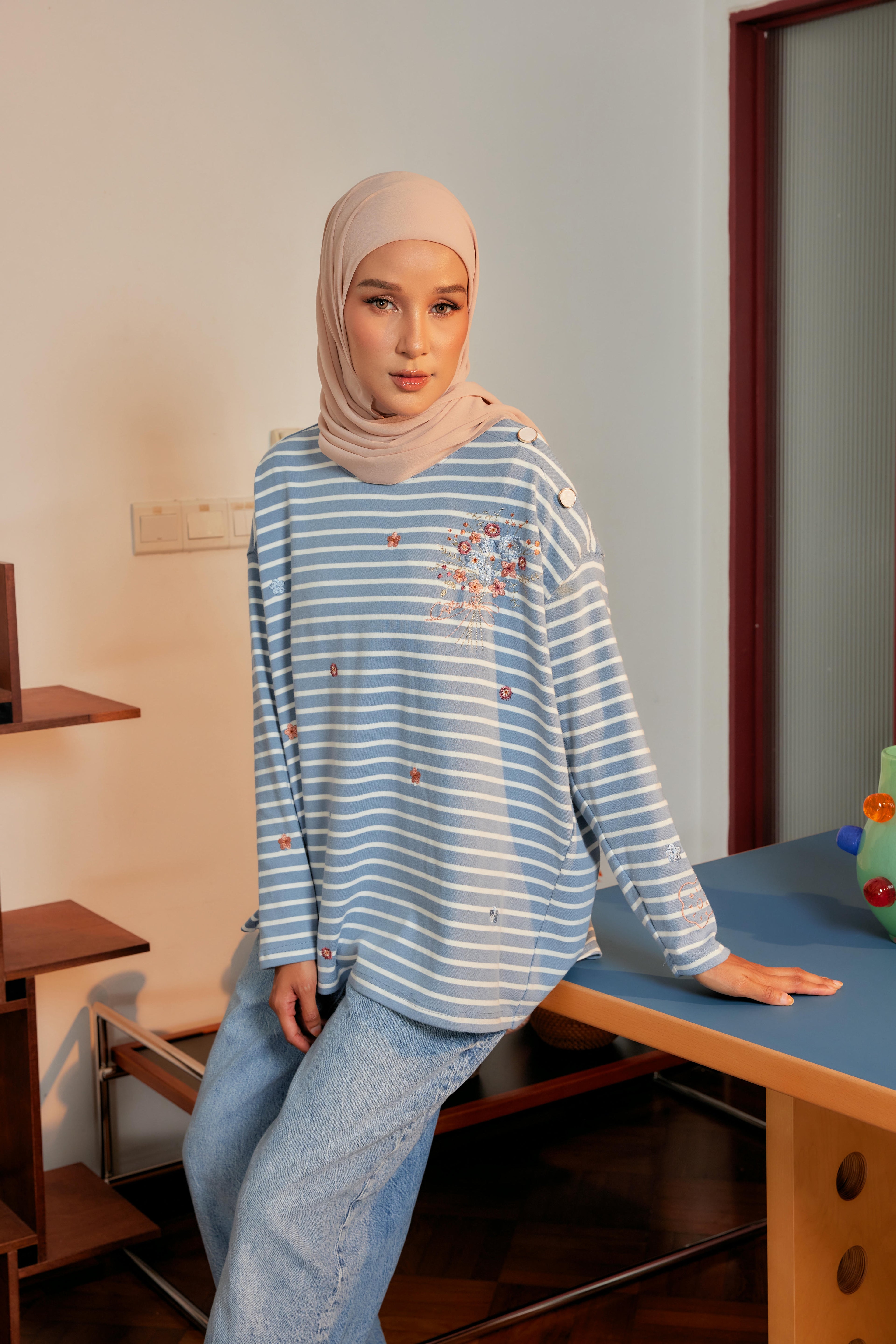 Marinière Striped Embroidered Cotton Tee - Creamsicle Blue