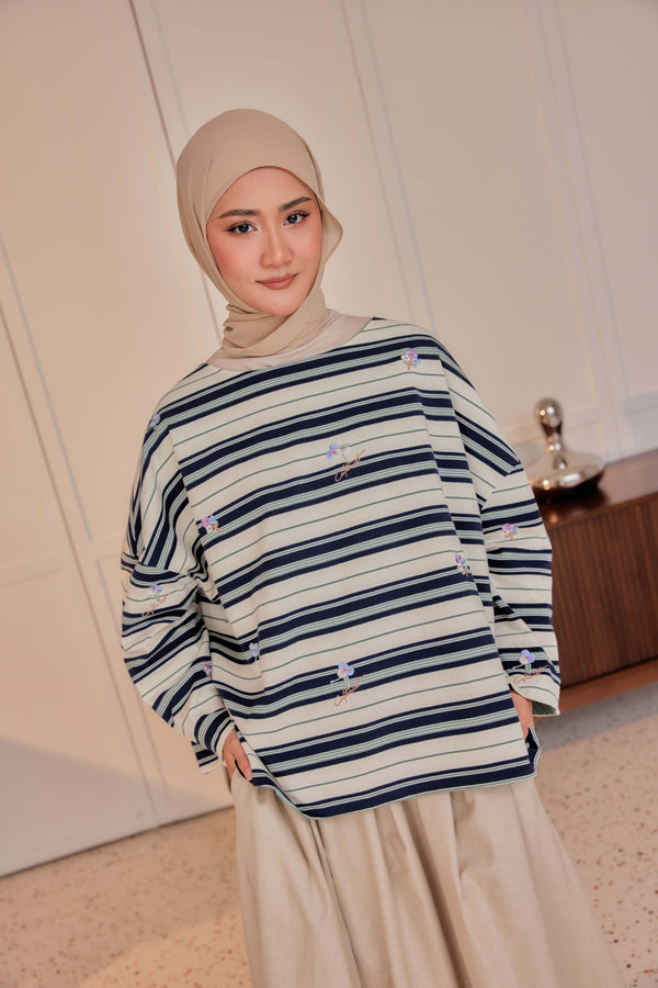 Striped Embroidered Cotton Relaxed Reversible Tee - Forget-Me-Nots