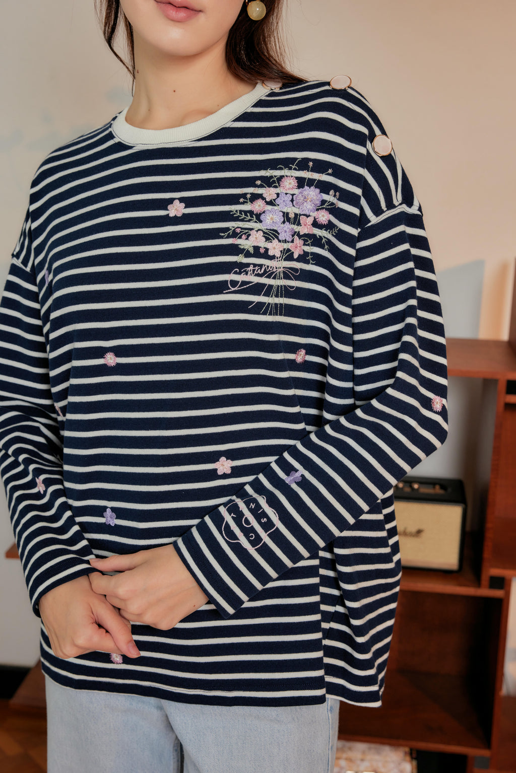 Marinière Striped Embroidered Cotton Tee - Navy Crème