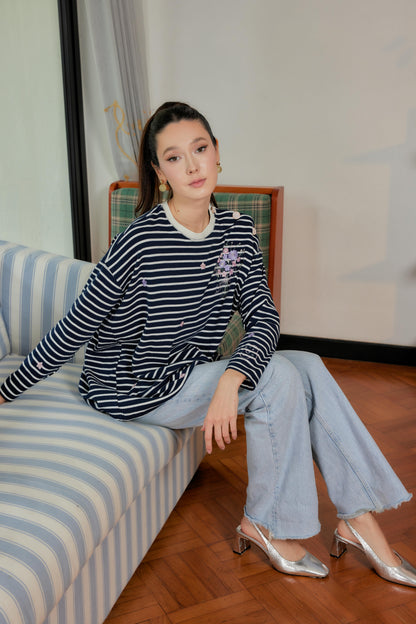 Marinière Striped Embroidered Cotton Tee - Navy Crème