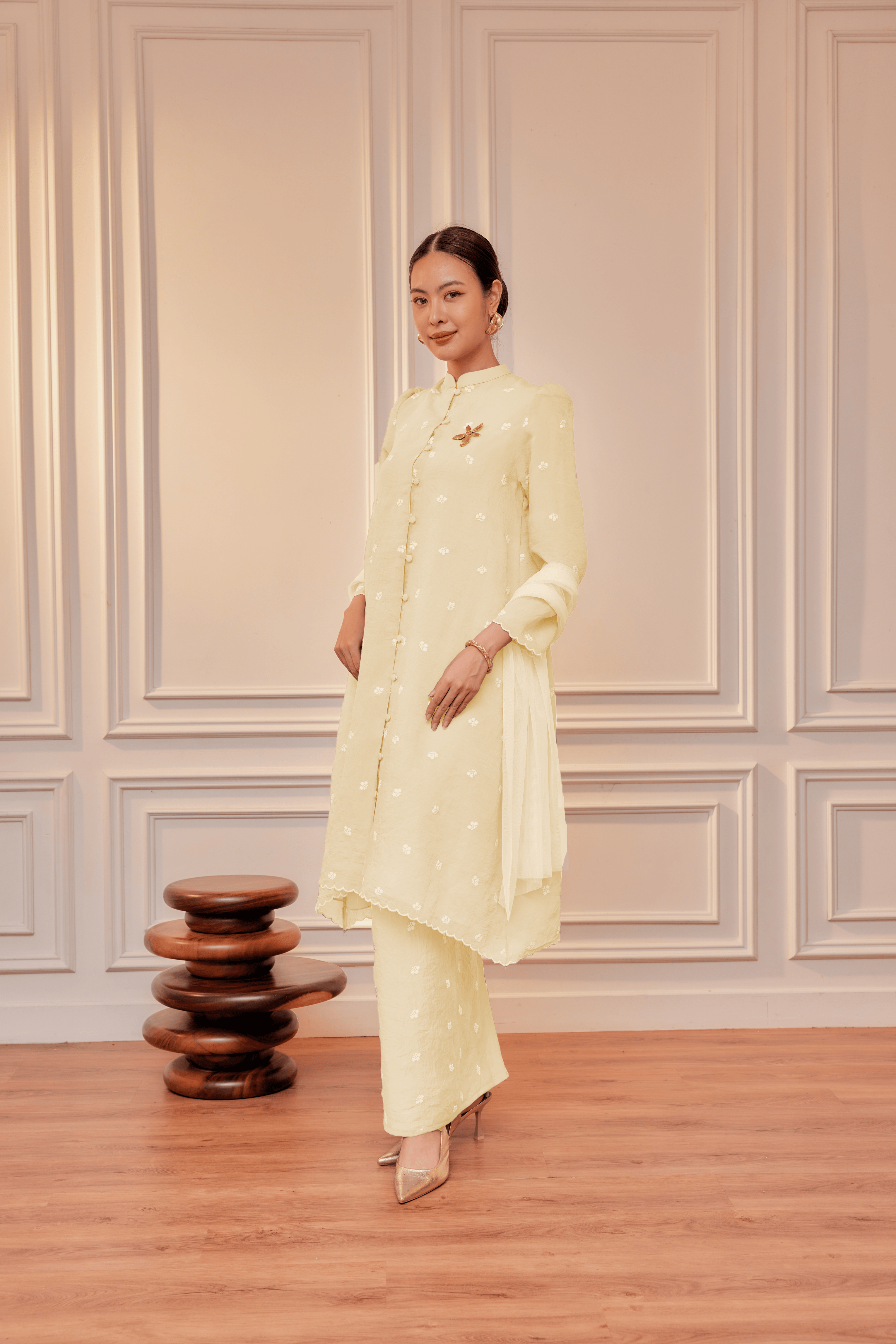 Dewita Floral Embroidered Kebarung with Front Buttons Set (Full Lining)