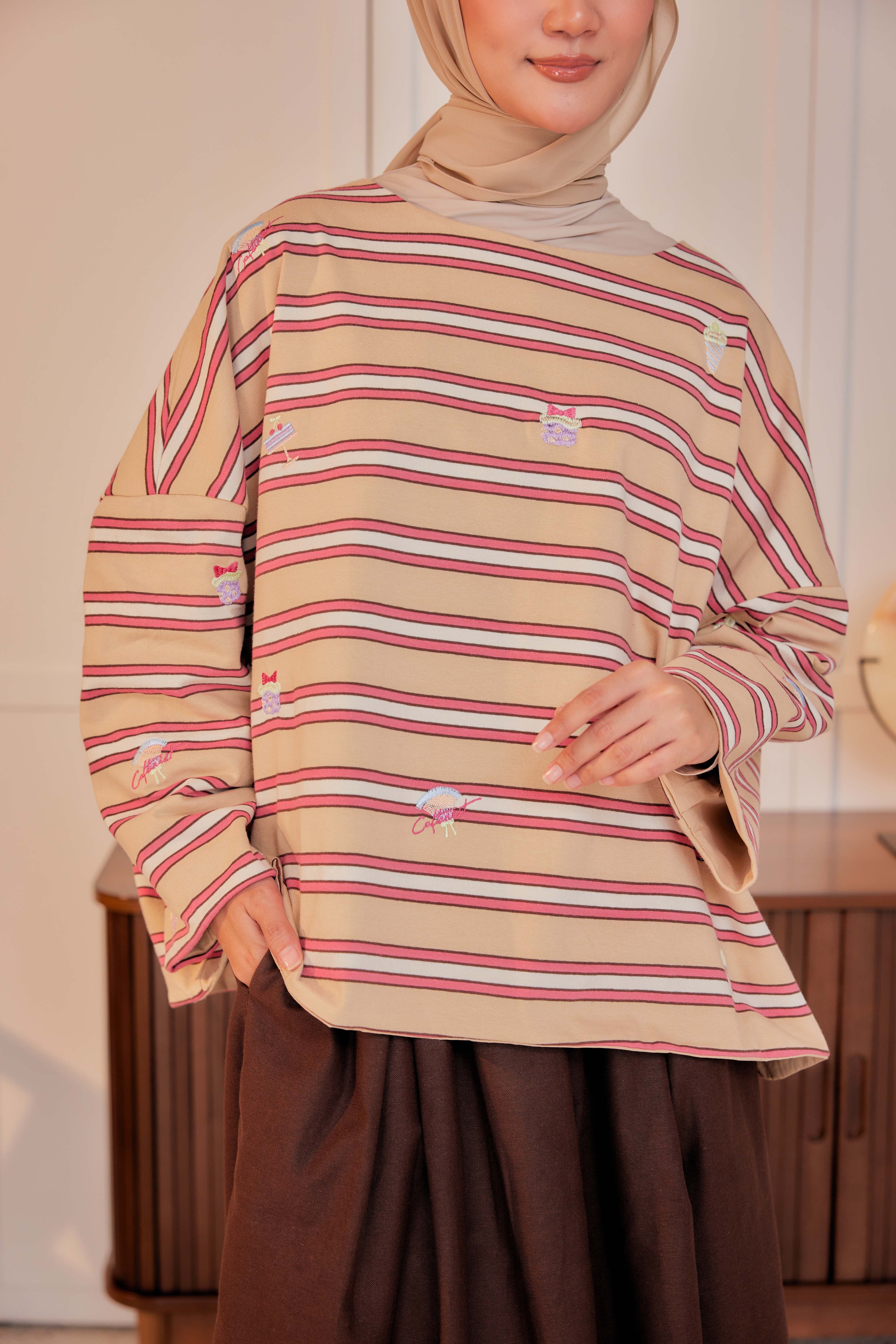 Striped Embroidered Cotton Relaxed Reversible Tee - Bites Of Bliss