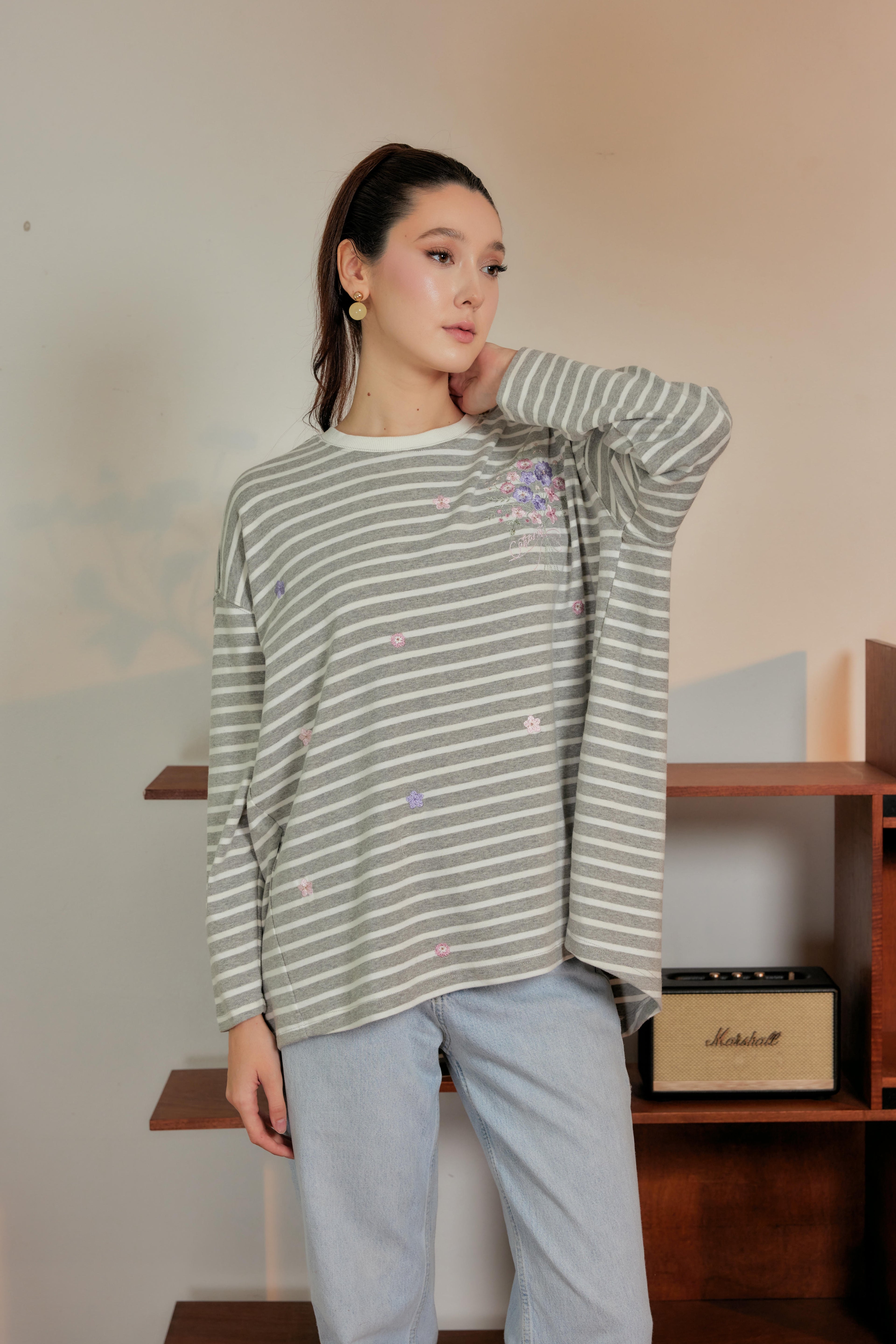 Marinière Striped Embroidered Cotton Tee - Earl Grey Cream