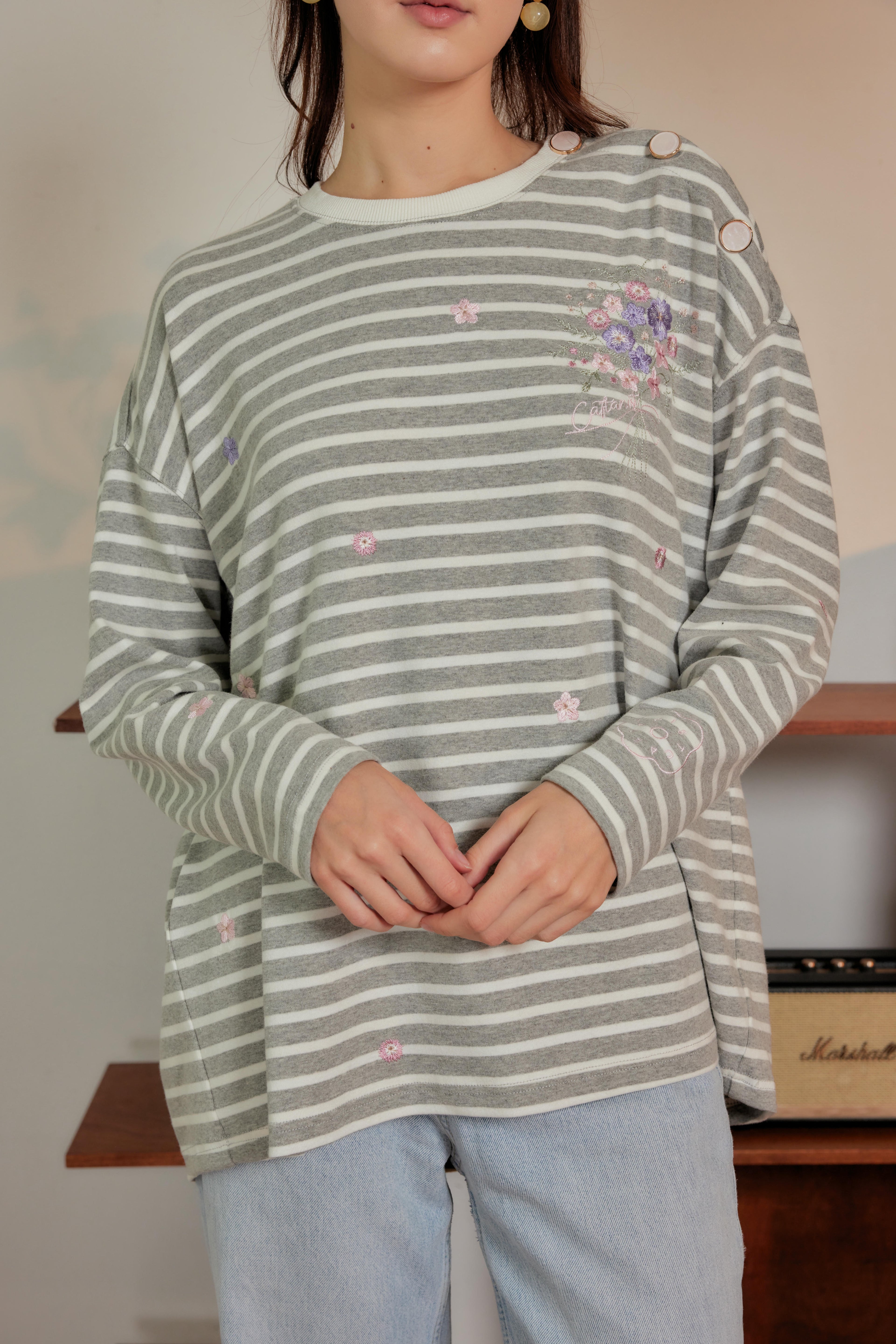 Marinière Striped Embroidered Cotton Tee - Earl Grey Cream