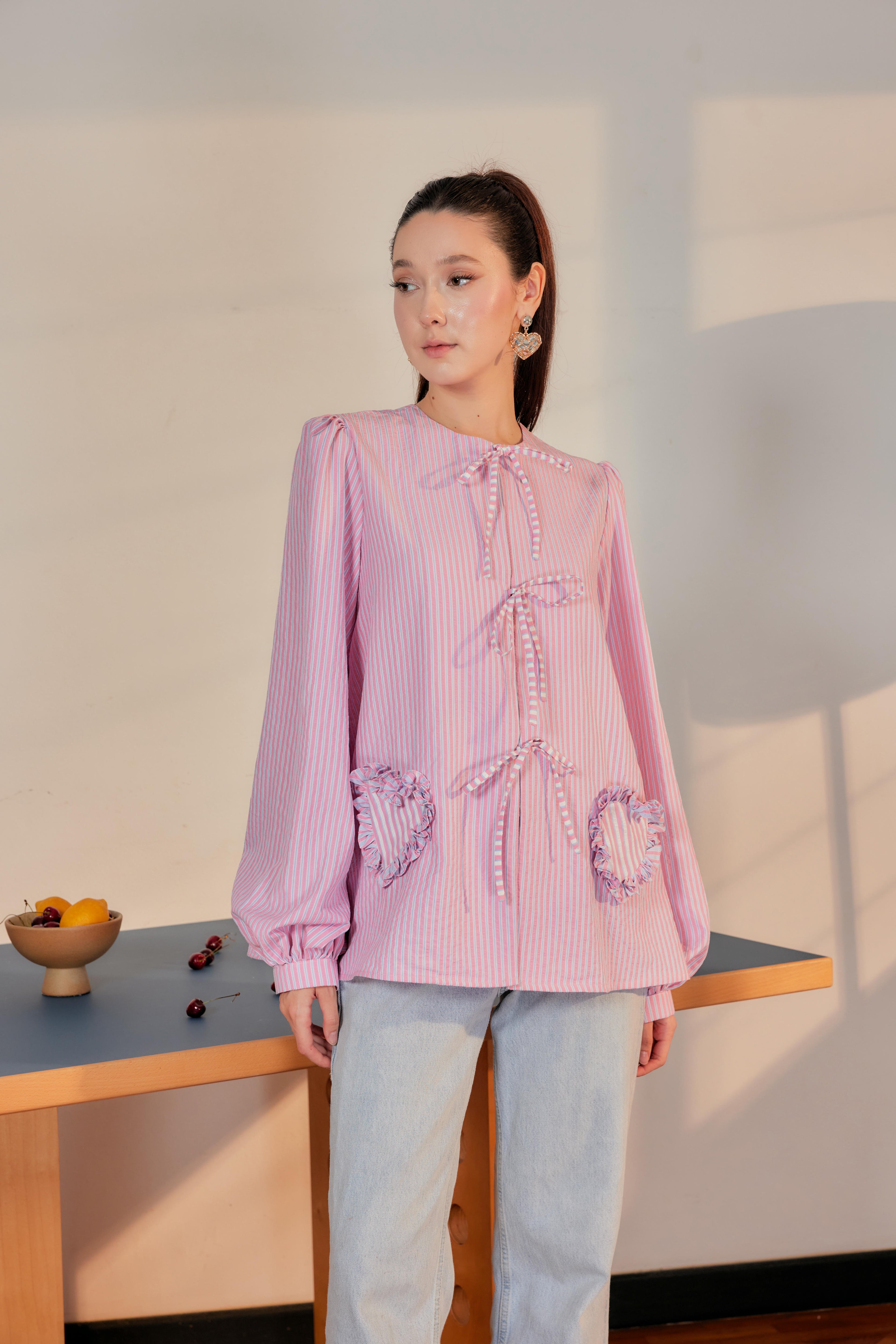Striped Blouse with Bows and Heart Pockets
