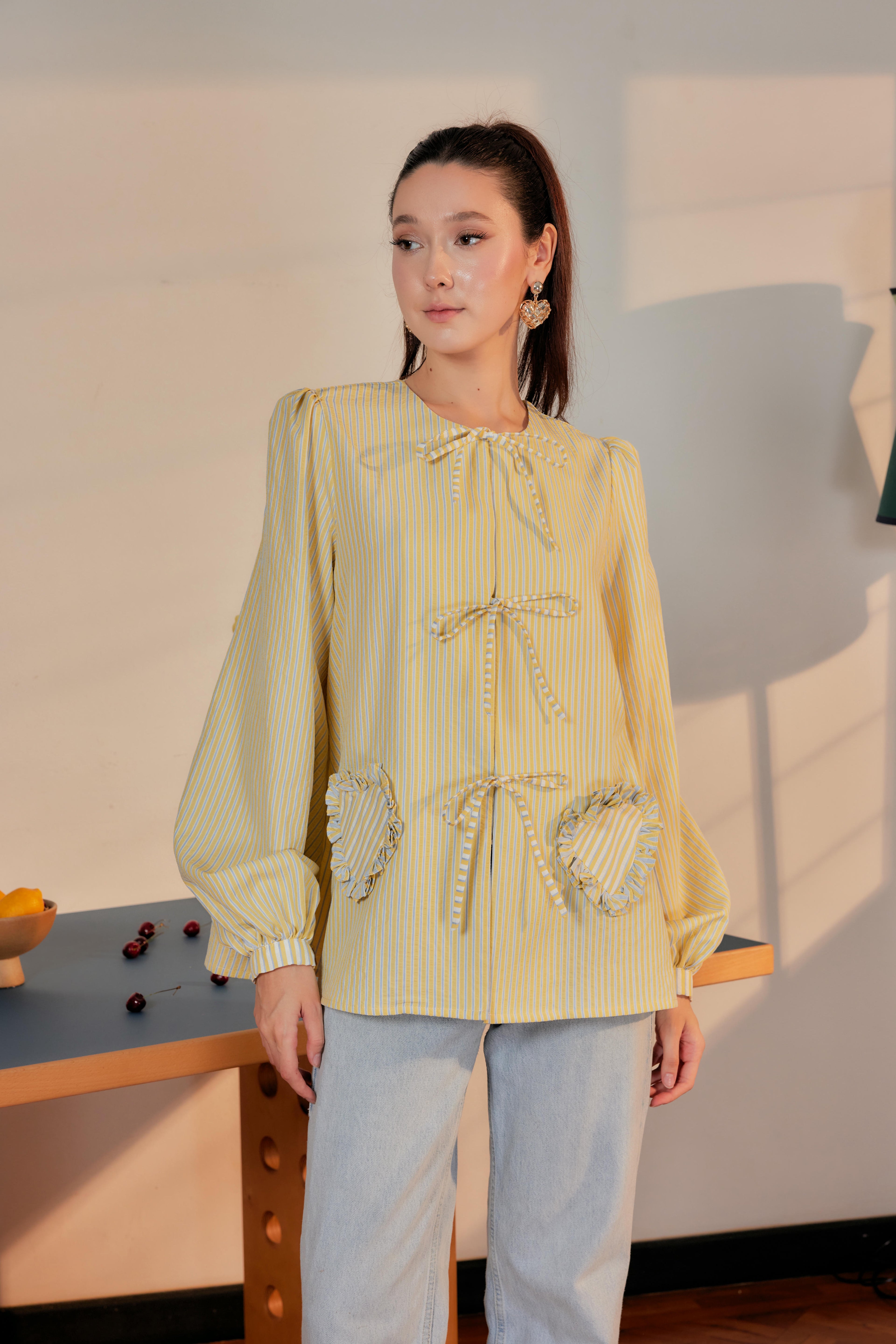 Striped Blouse with Bows and Heart Pockets