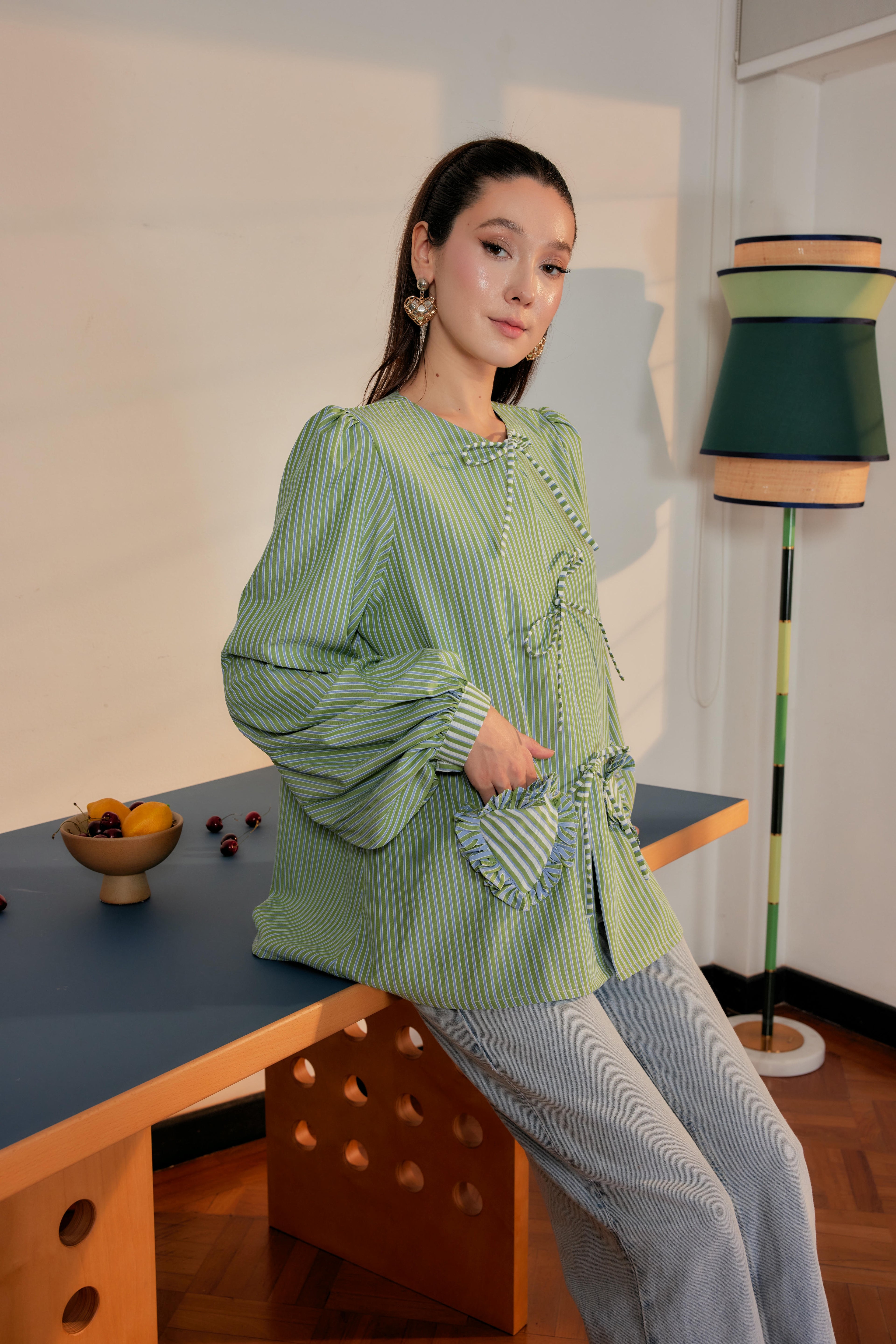 Striped Blouse with Bows and Heart Pockets