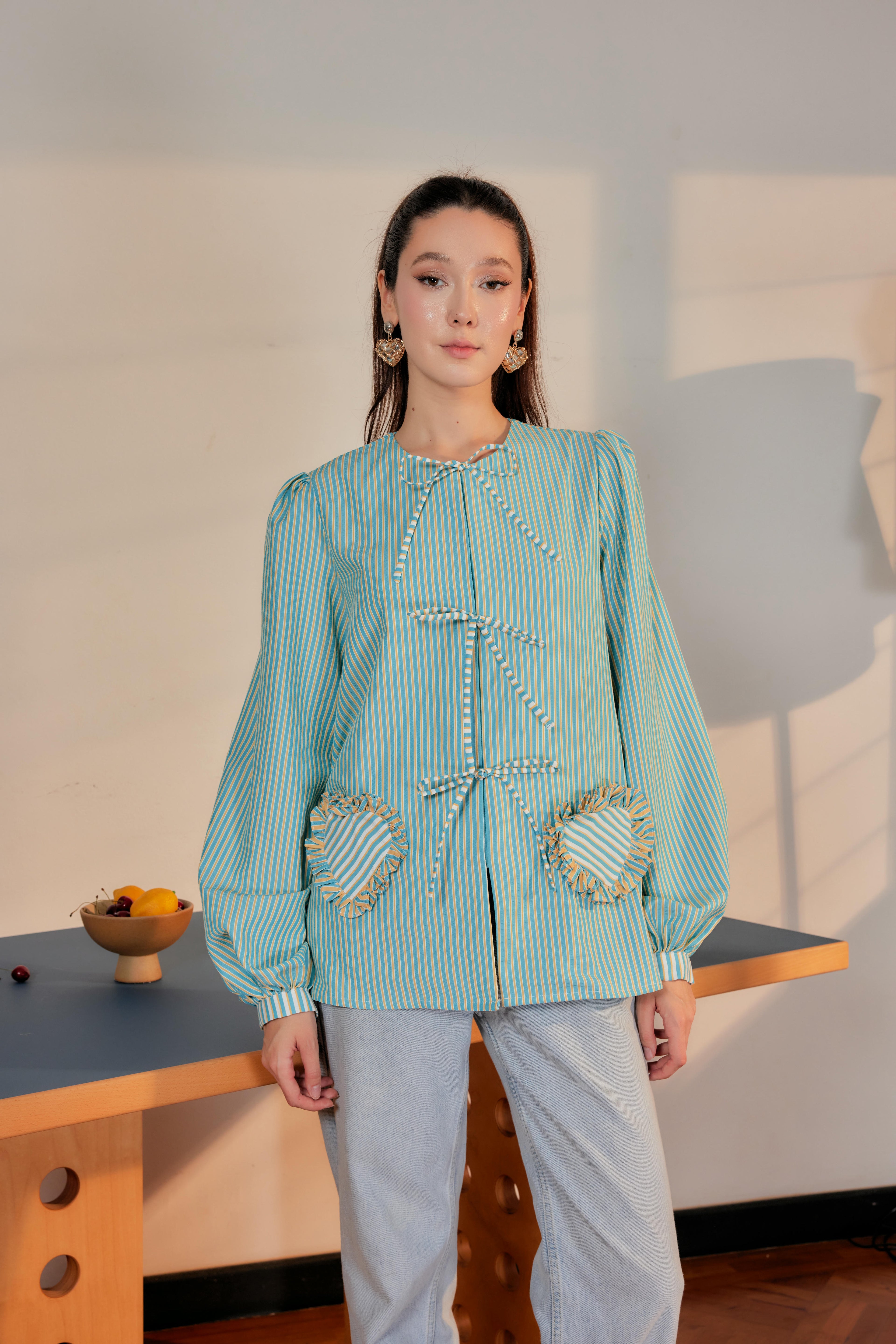 Striped Blouse with Bows and Heart Pockets