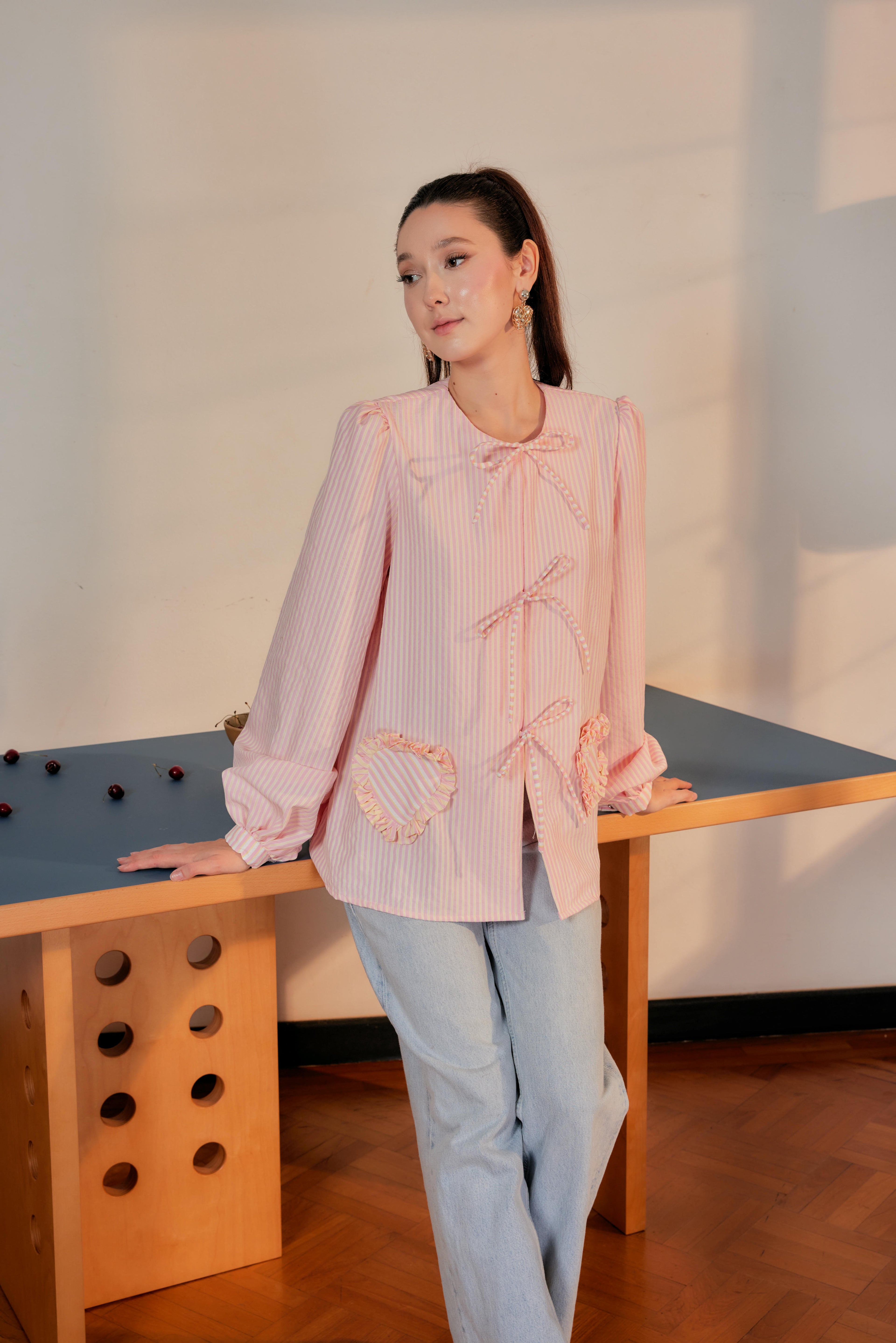 Striped Blouse with Bows and Heart Pockets
