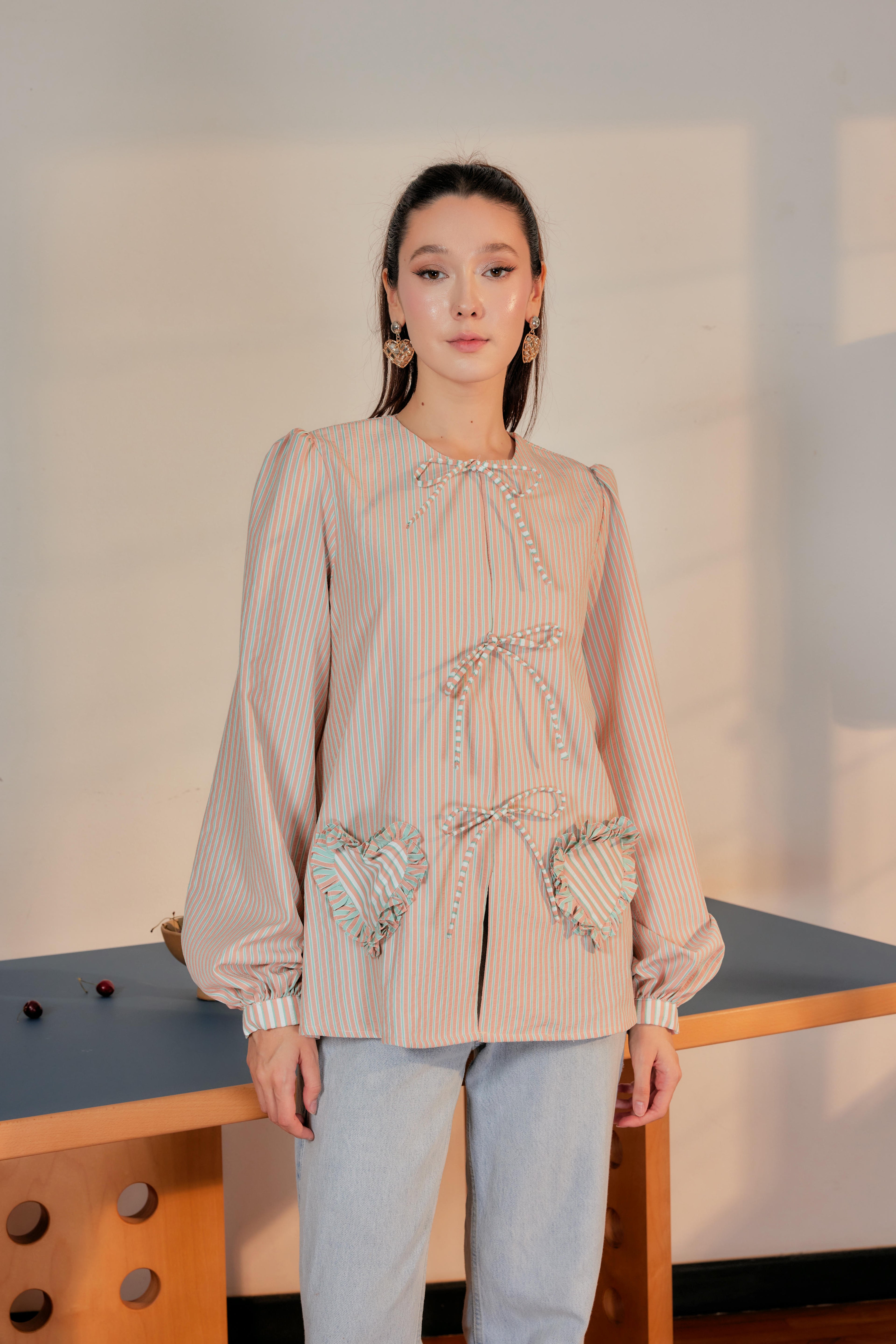 Striped Blouse with Bows and Heart Pockets