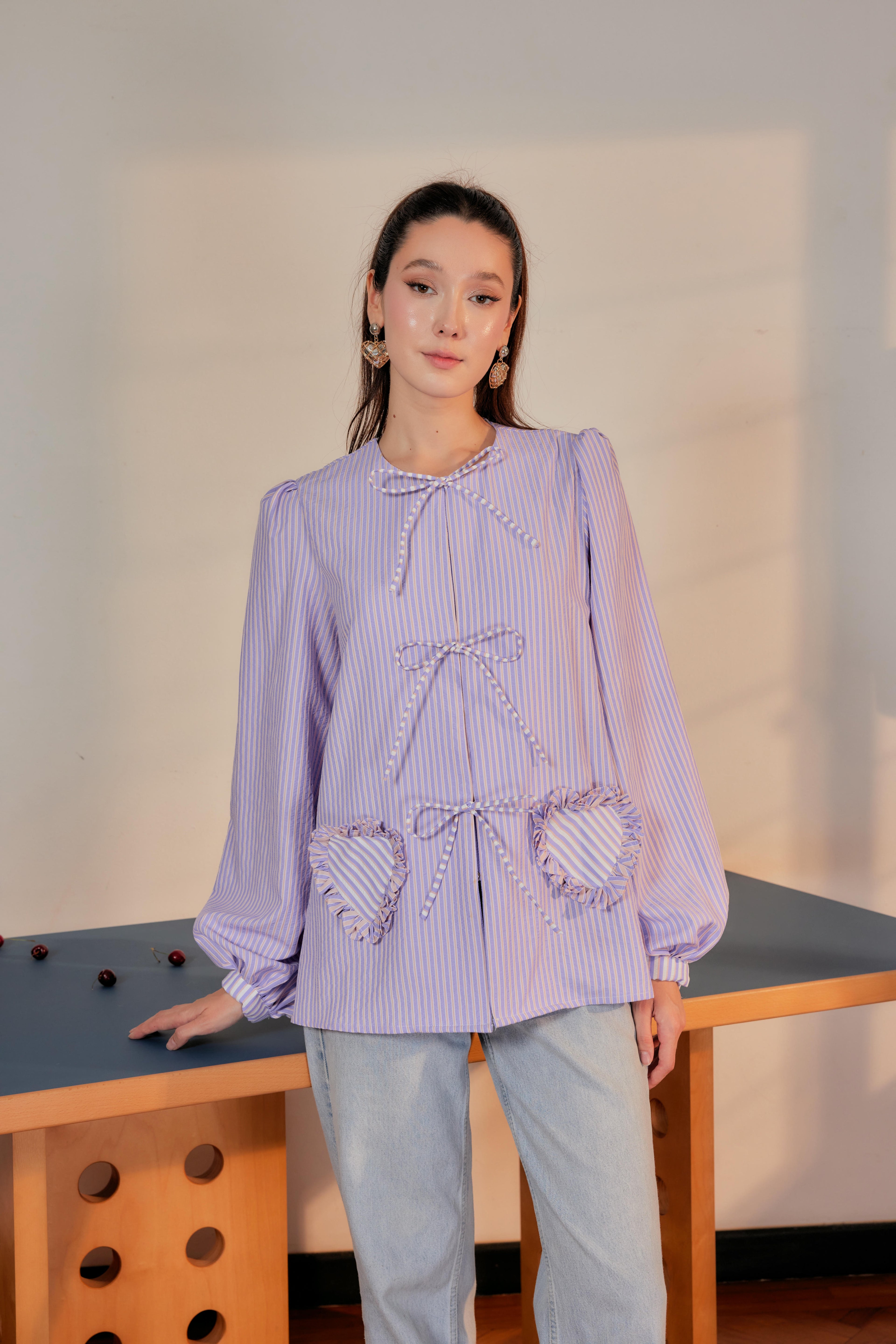 Striped Blouse with Bows and Heart Pockets