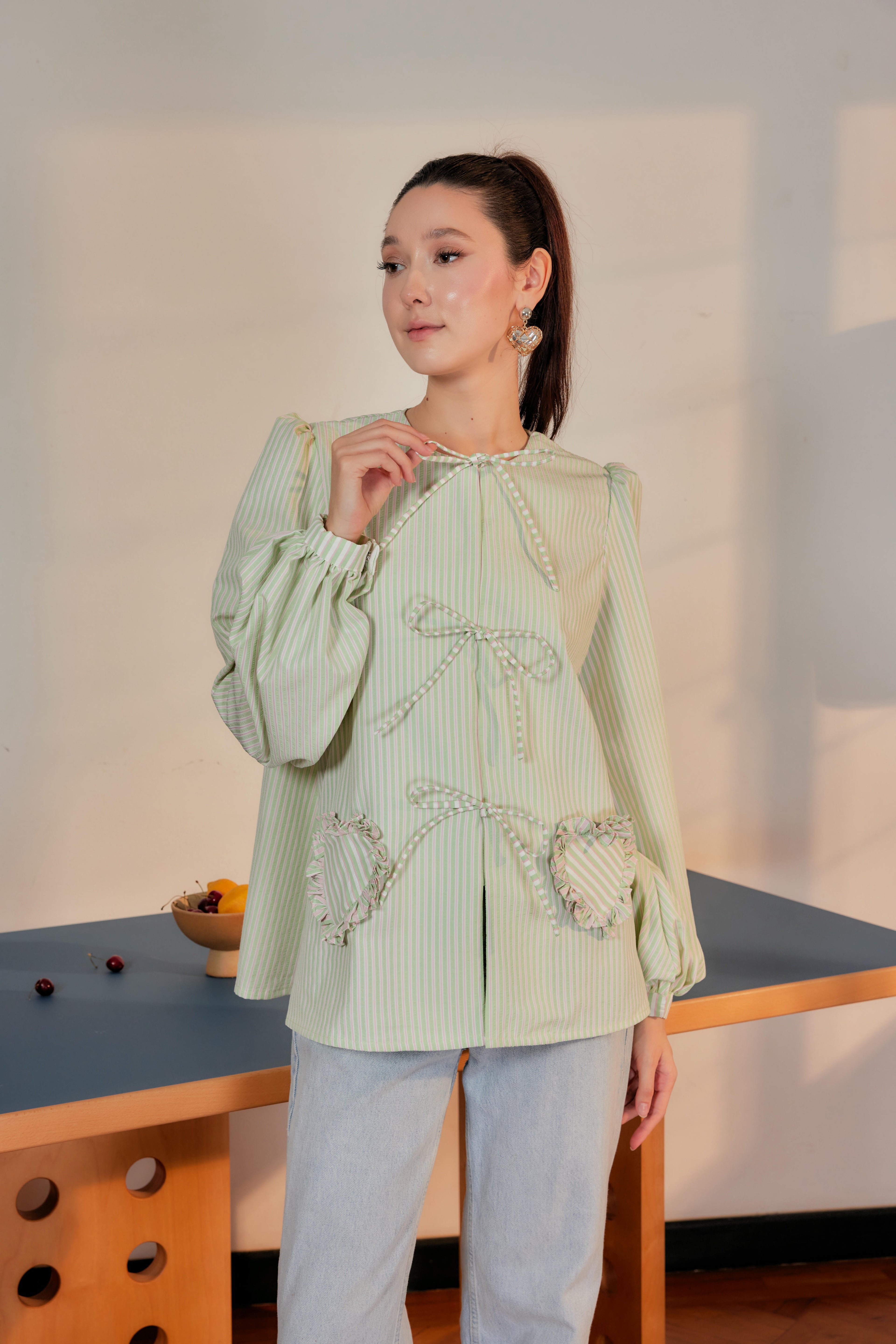 Striped Blouse with Bows and Heart Pockets