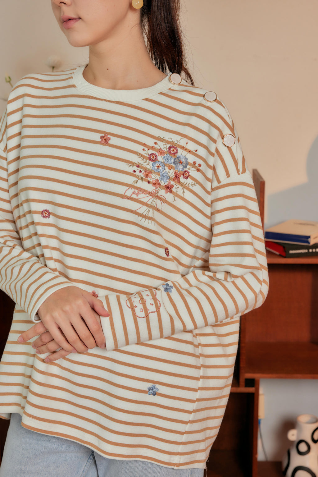 Marinière Striped Embroidered Cotton Tee - Crème Brûlée