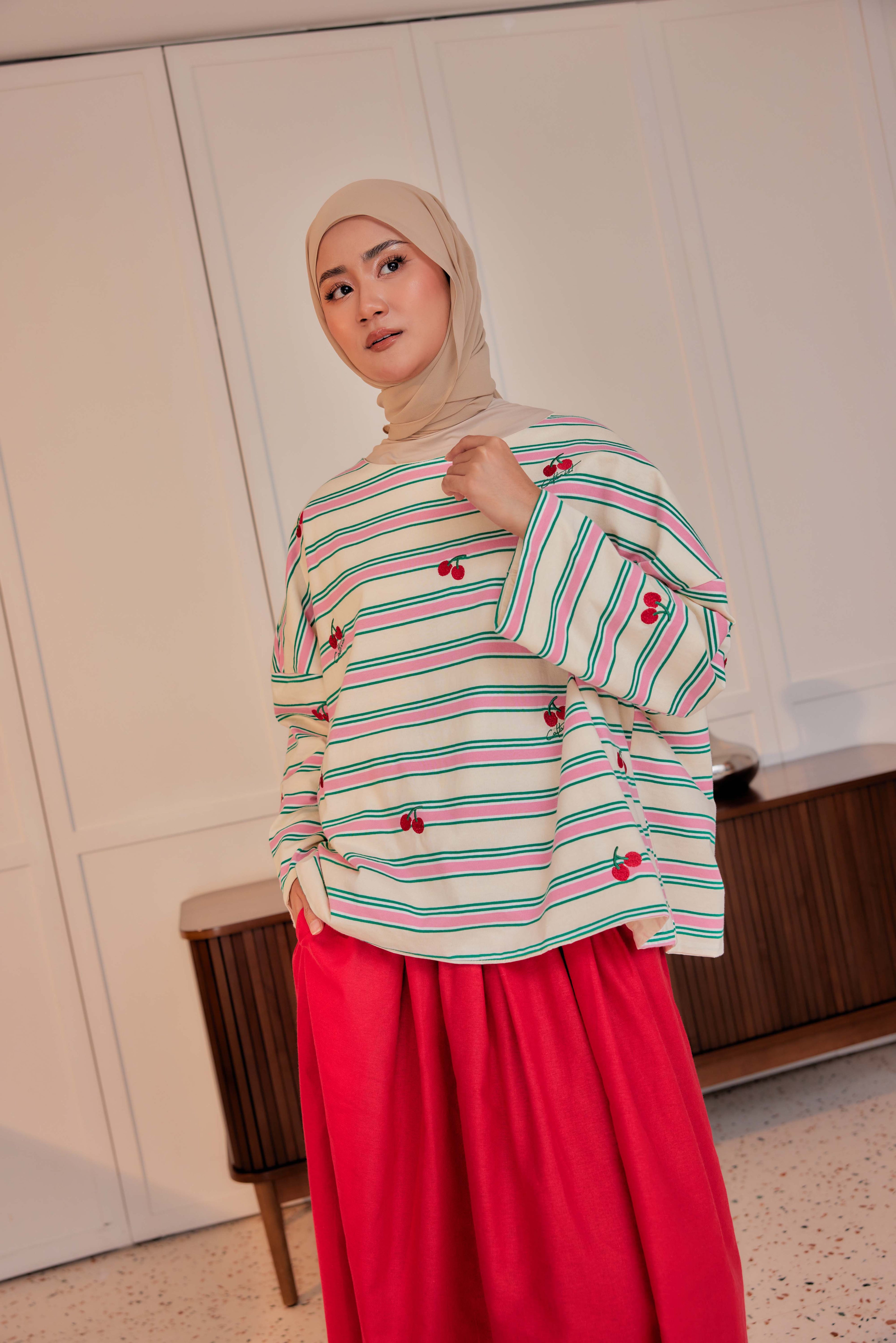 Striped Embroidered Cotton Relaxed Reversible Tee - Cherry On Top