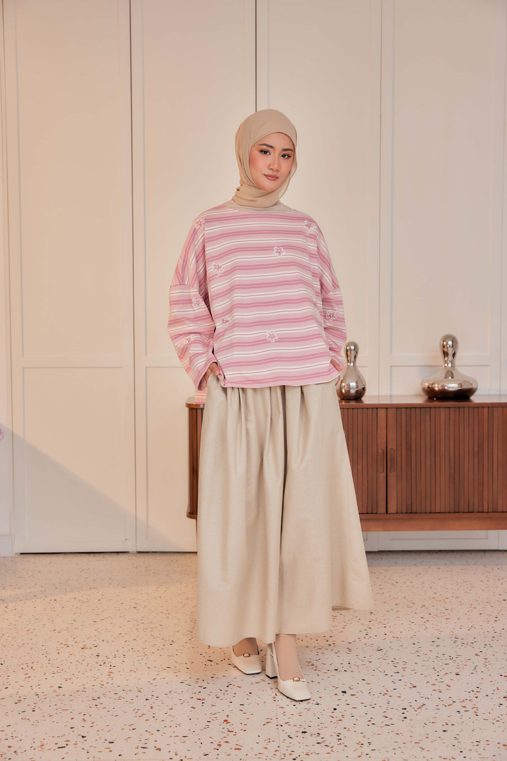 Striped Embroidered Cotton Relaxed Reversible Tee - Cherry Blossom