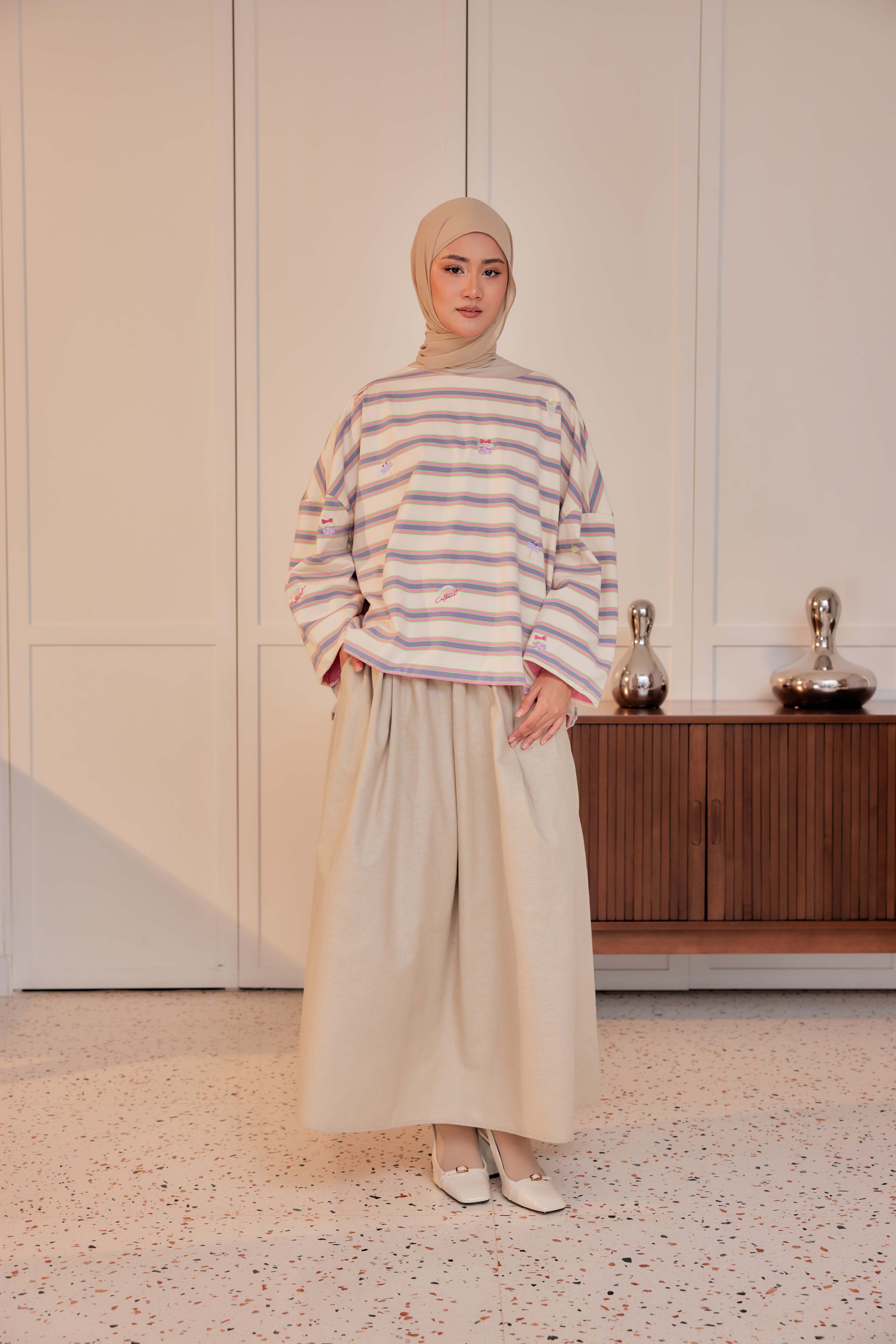 Striped Embroidered Cotton Relaxed Reversible Tee - Sweet Dreams