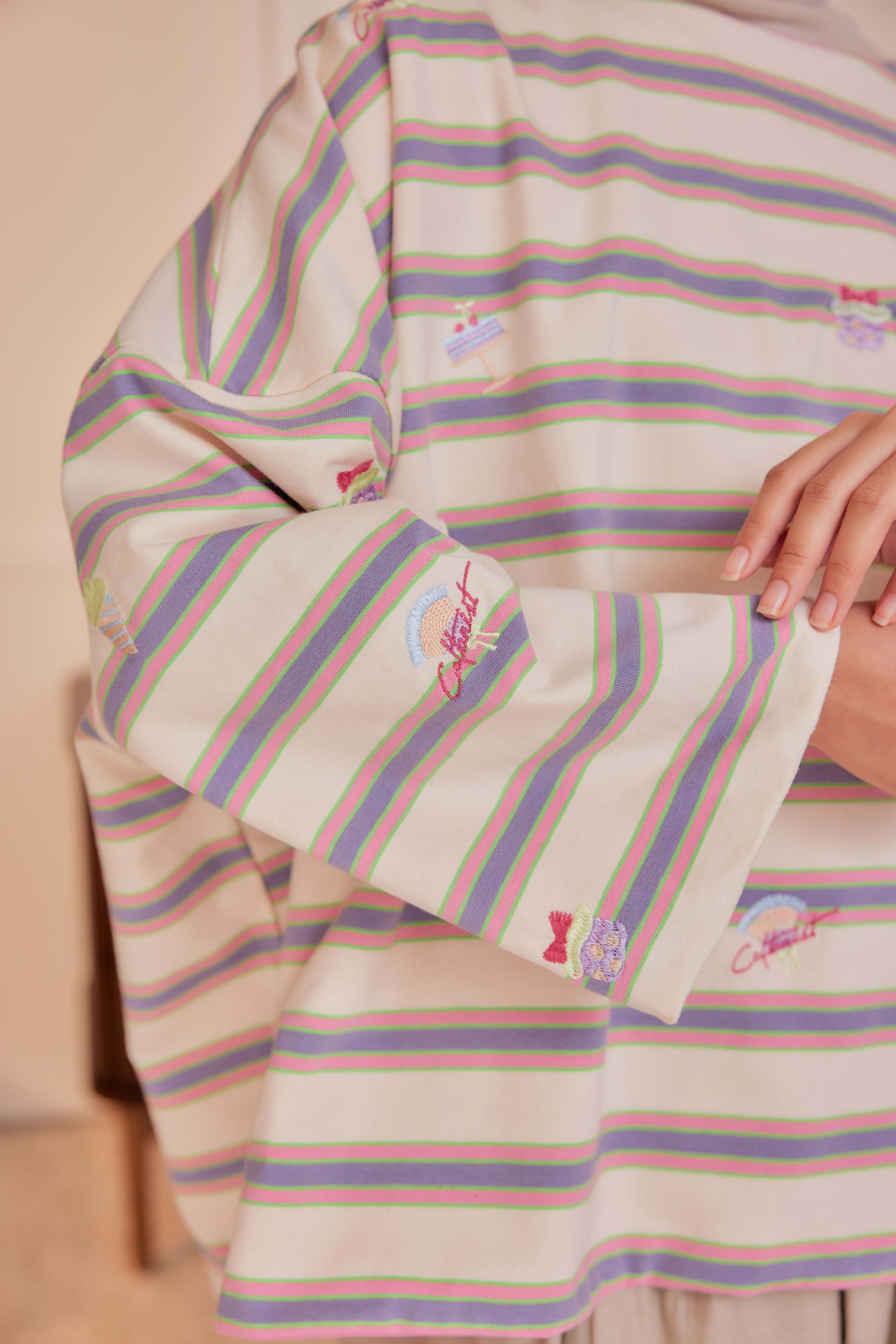 Striped Embroidered Cotton Relaxed Reversible Tee - Sweet Dreams