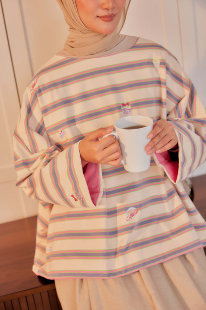 Striped Embroidered Cotton Relaxed Reversible Tee - Sweet Dreams