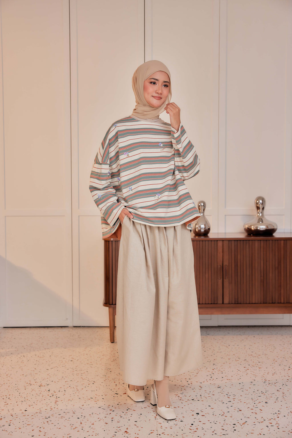 Striped Embroidered Cotton Relaxed Reversible Tee - Bloom Baby, Bloom