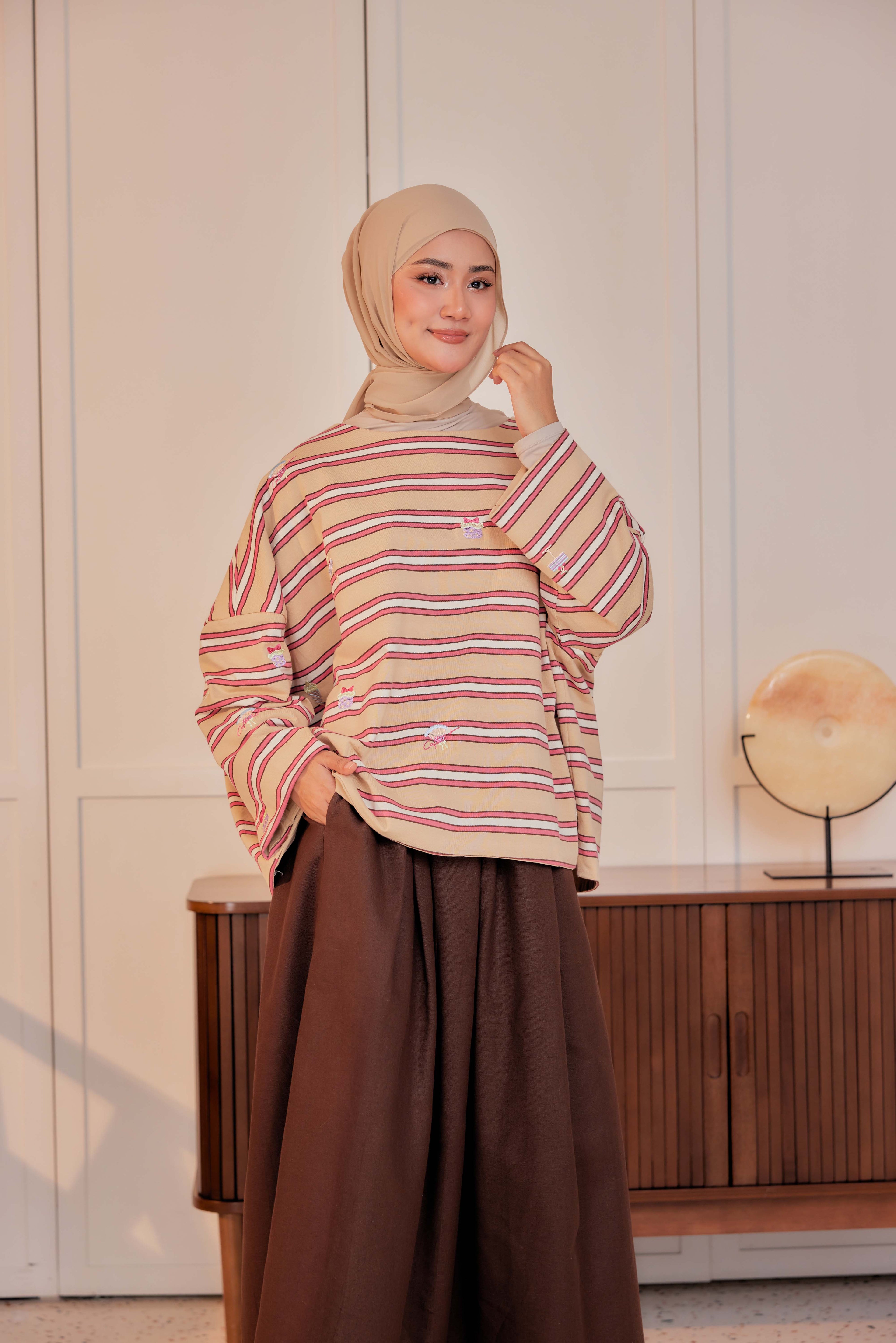 Striped Embroidered Cotton Relaxed Reversible Tee - Bites Of Bliss