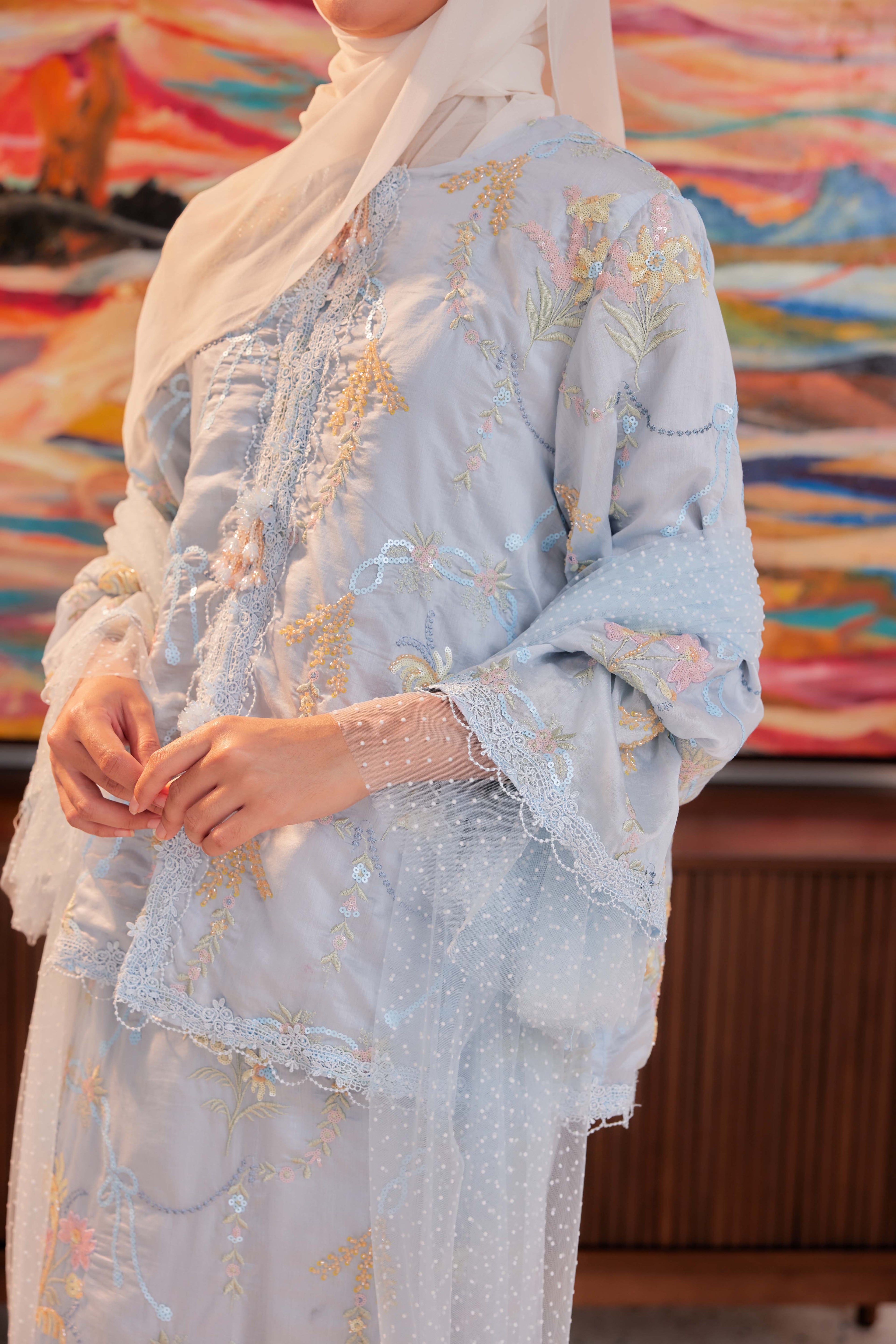 Bayu - Marni Beaded Embellished Kurung with Set of 3 Brooch (Fully Lined)