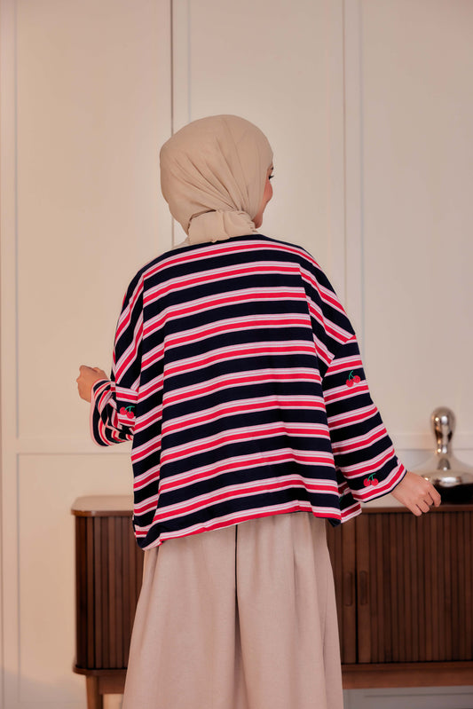 Striped Embroidered Cotton Relaxed Reversible Tee - Mon chérie