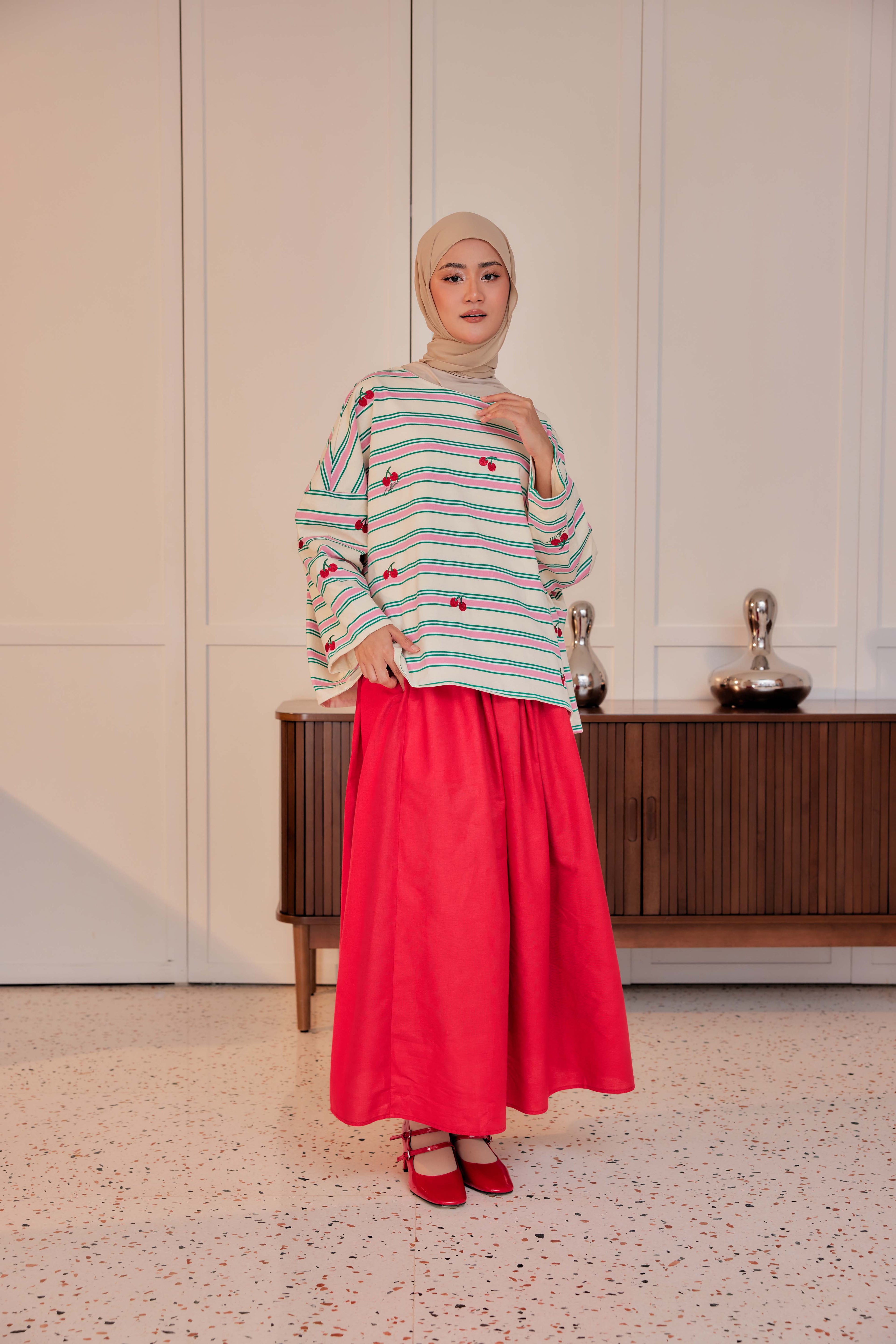 Striped Embroidered Cotton Relaxed Reversible Tee - Cherry On Top