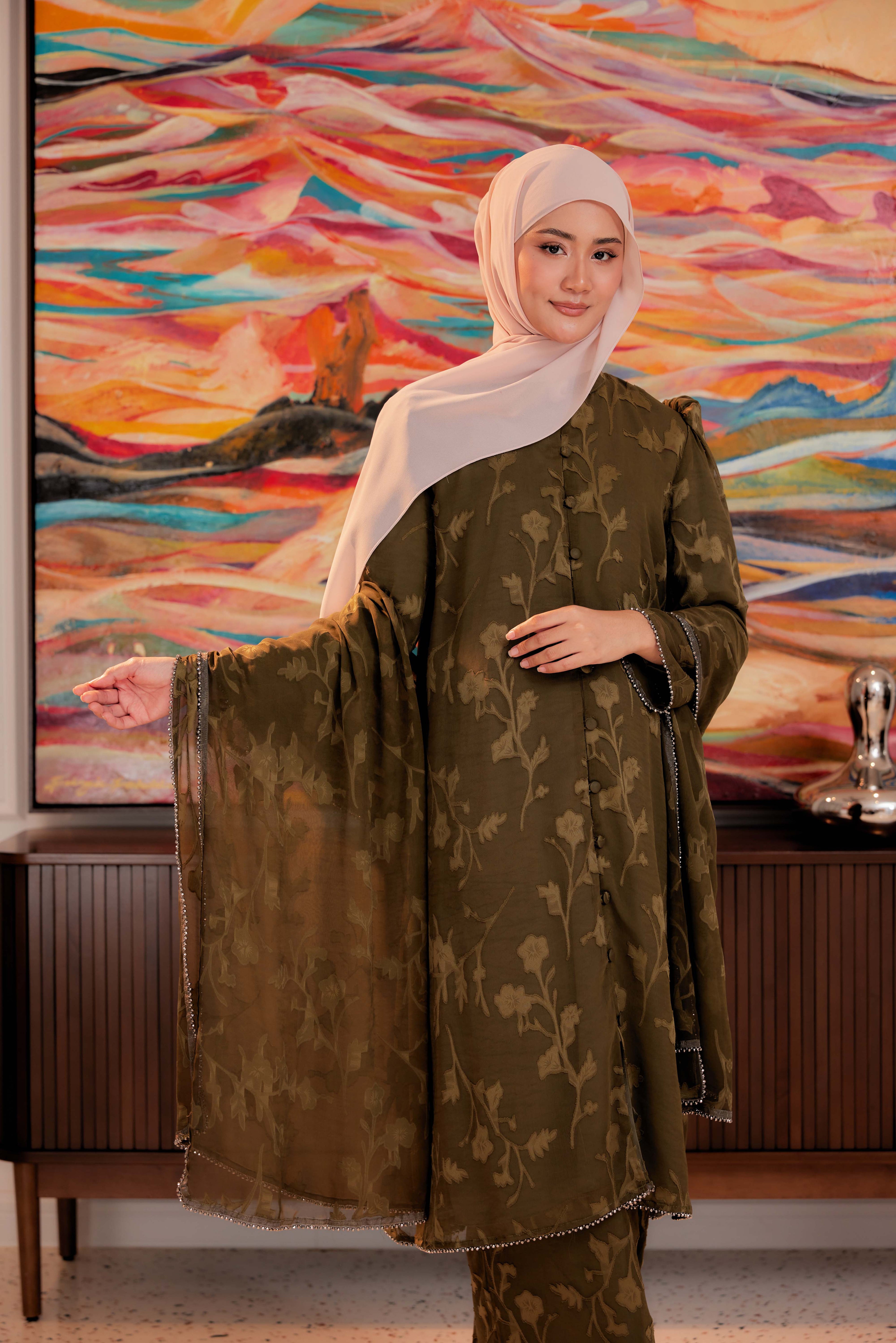 Indah Pelangi Kebarung in Hijau Zaitun – The Beaded Edition, Fully Lined